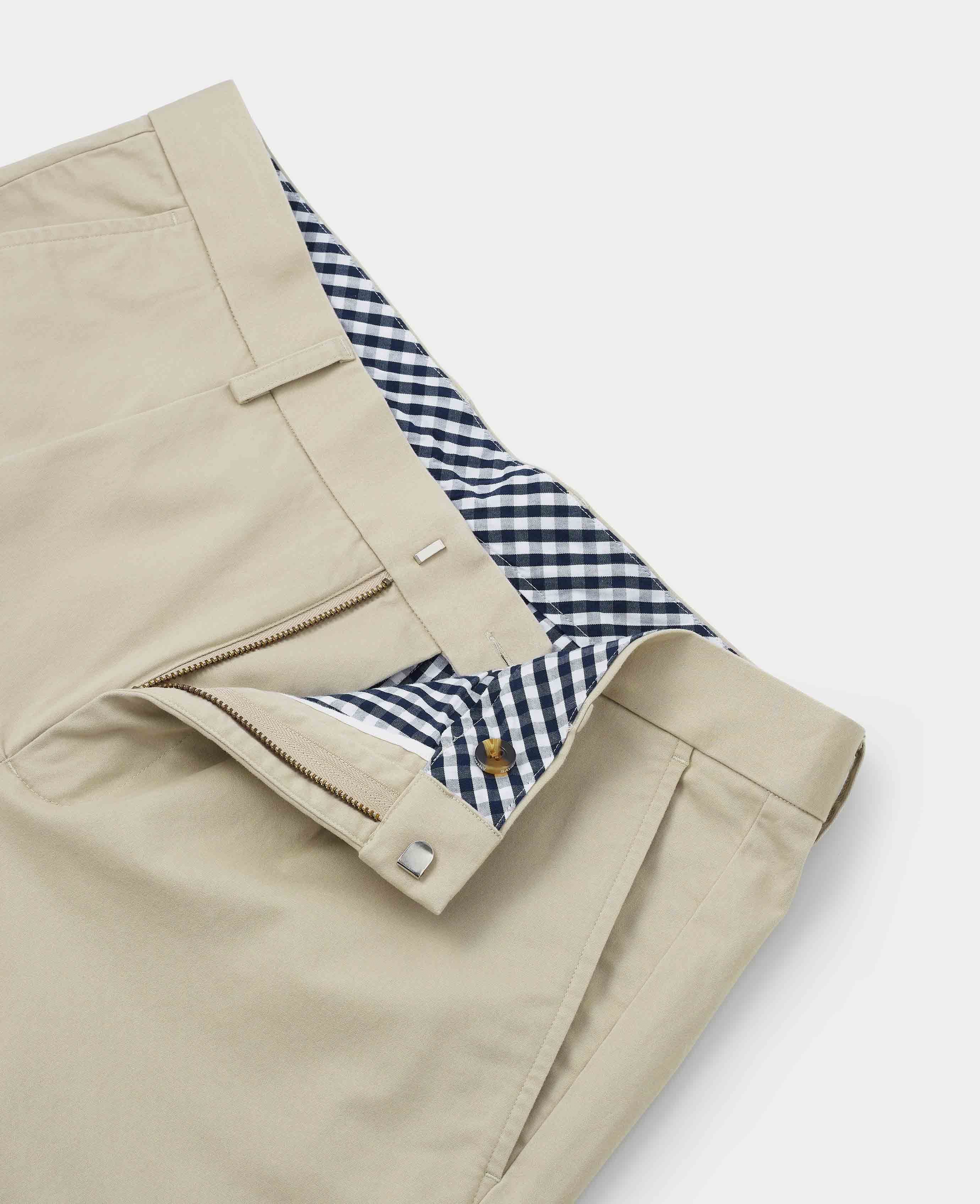 Beige Stretch Cotton Classic Fit Pleated Chinos - Image 2
