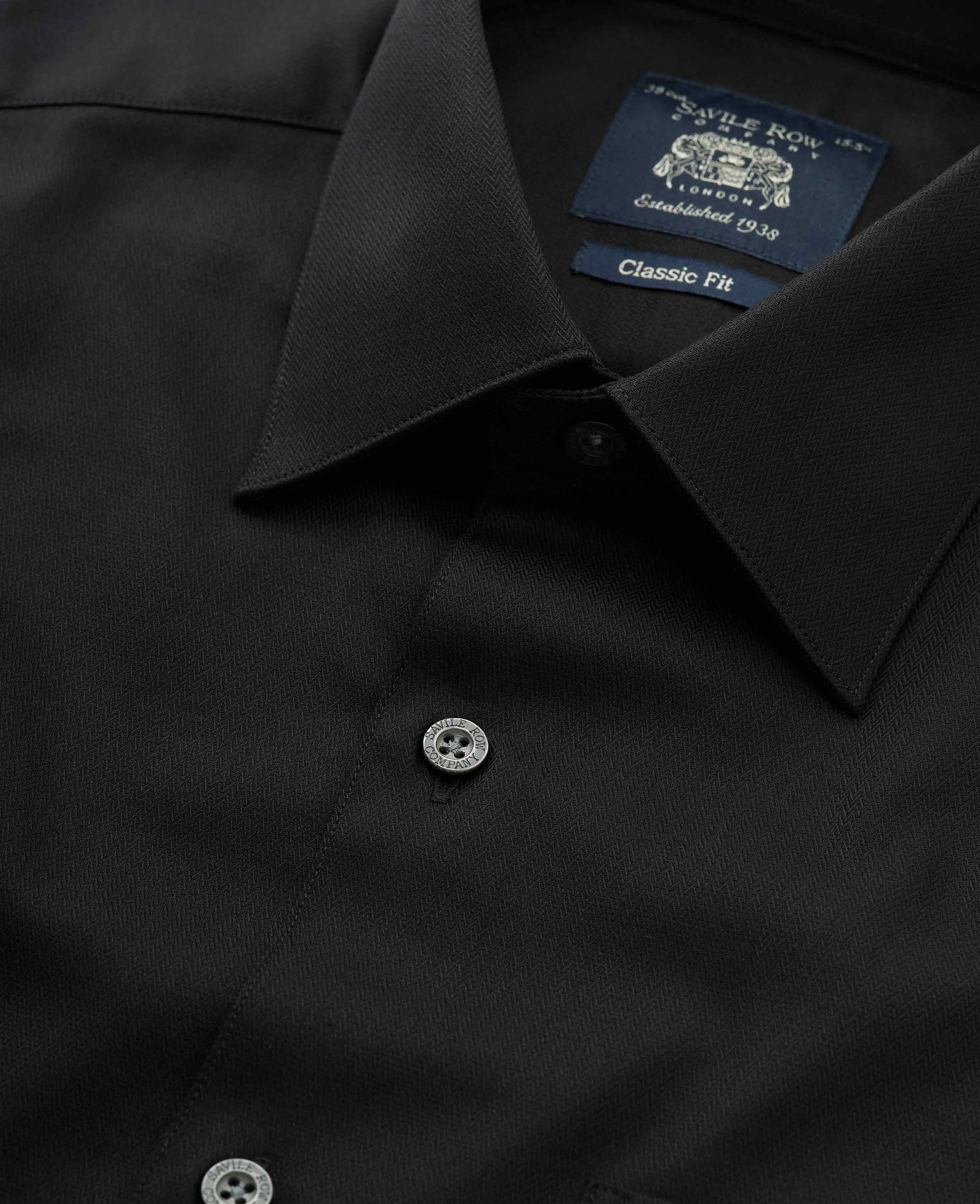Black Cotton Herringbone Classic Fit Formal Shirt - Single Cuff - Image 4