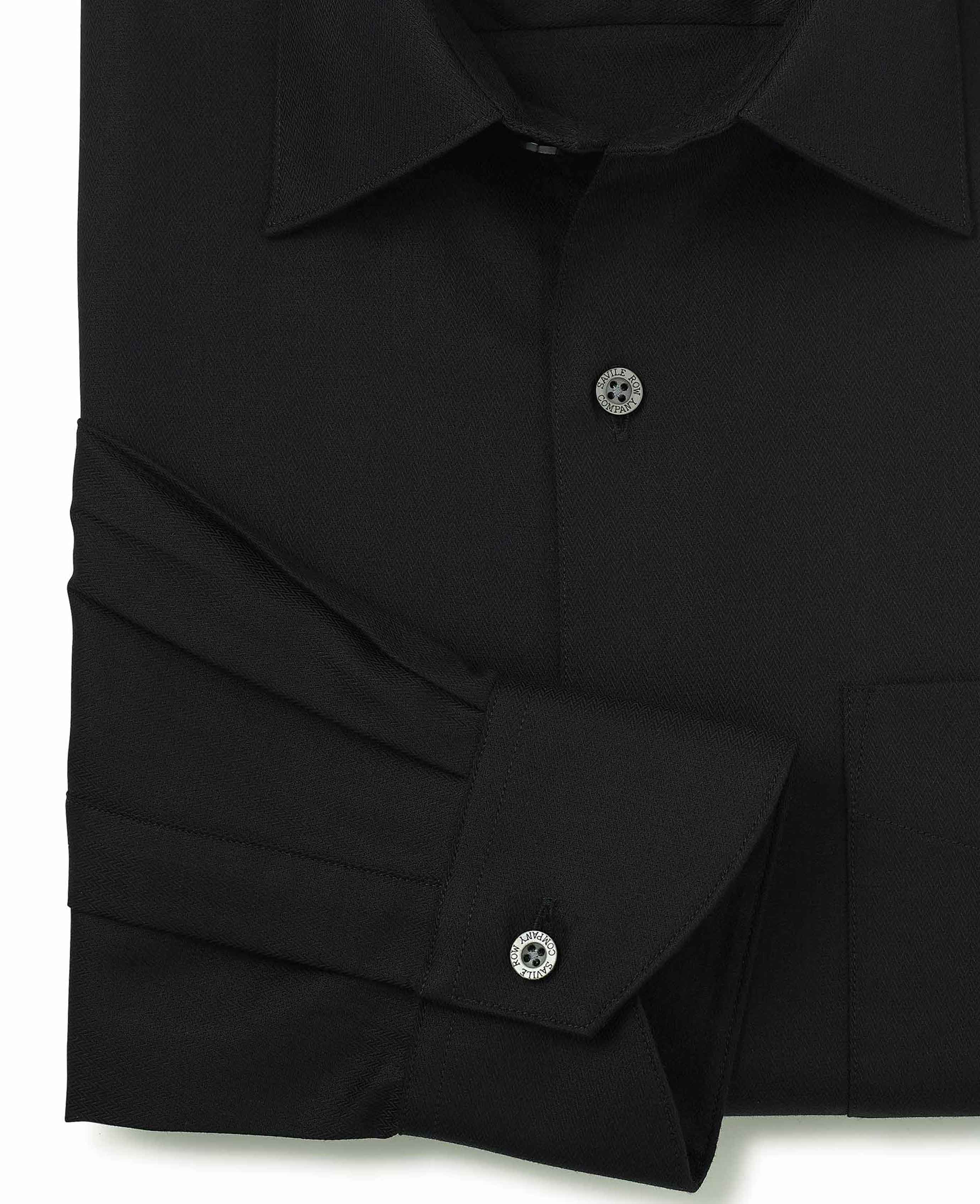Black Cotton Herringbone Classic Fit Formal Shirt - Single Cuff - Image 5