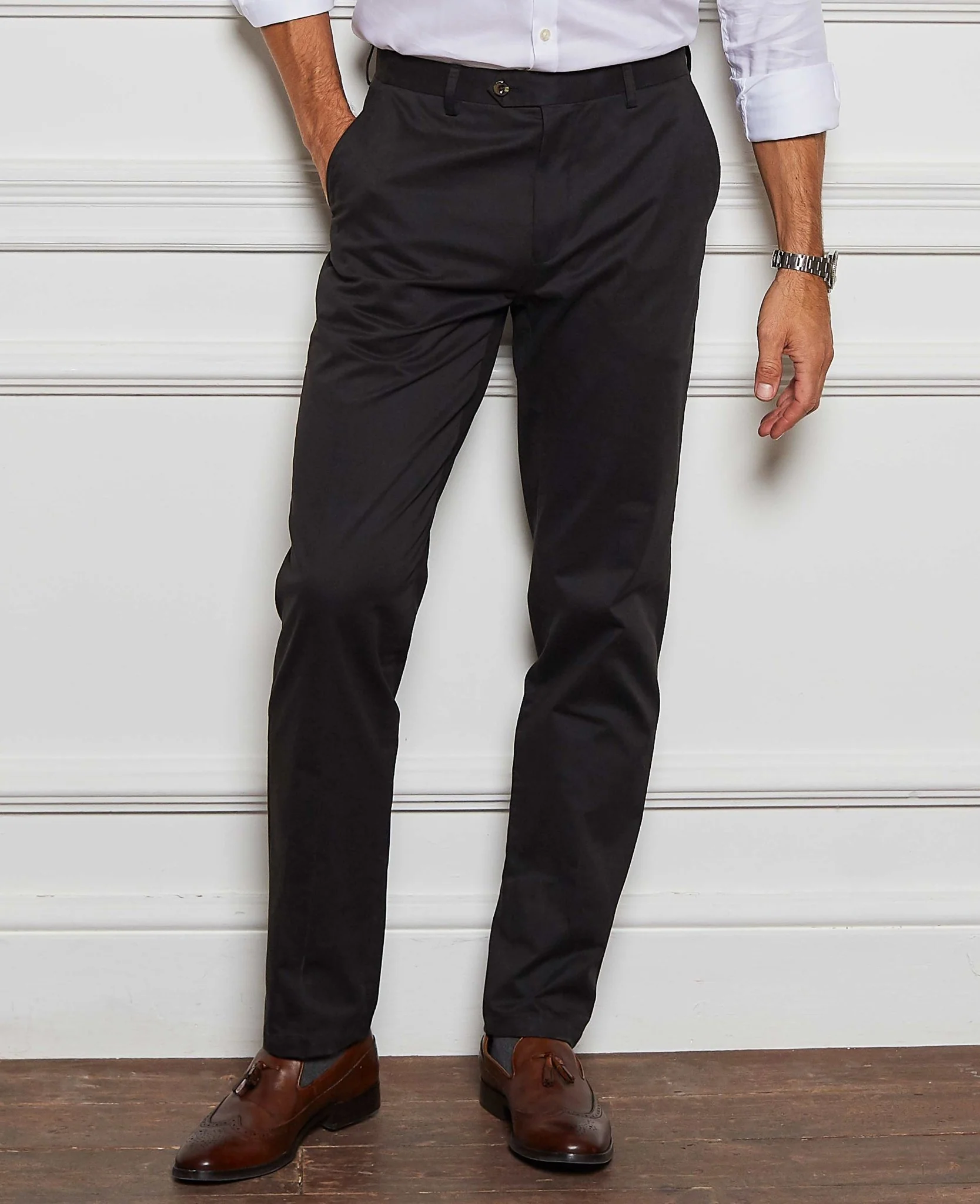 Black Stretch Cotton Classic Fit Flat Front Chinos - Image 4
