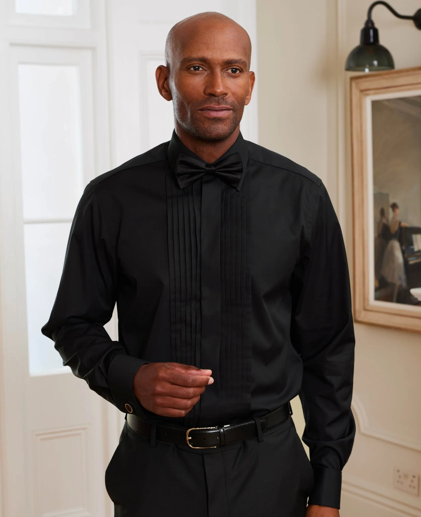 Black Pleated Fly Front Classic Fit Dress Shirt - Double Cuff - Image 2