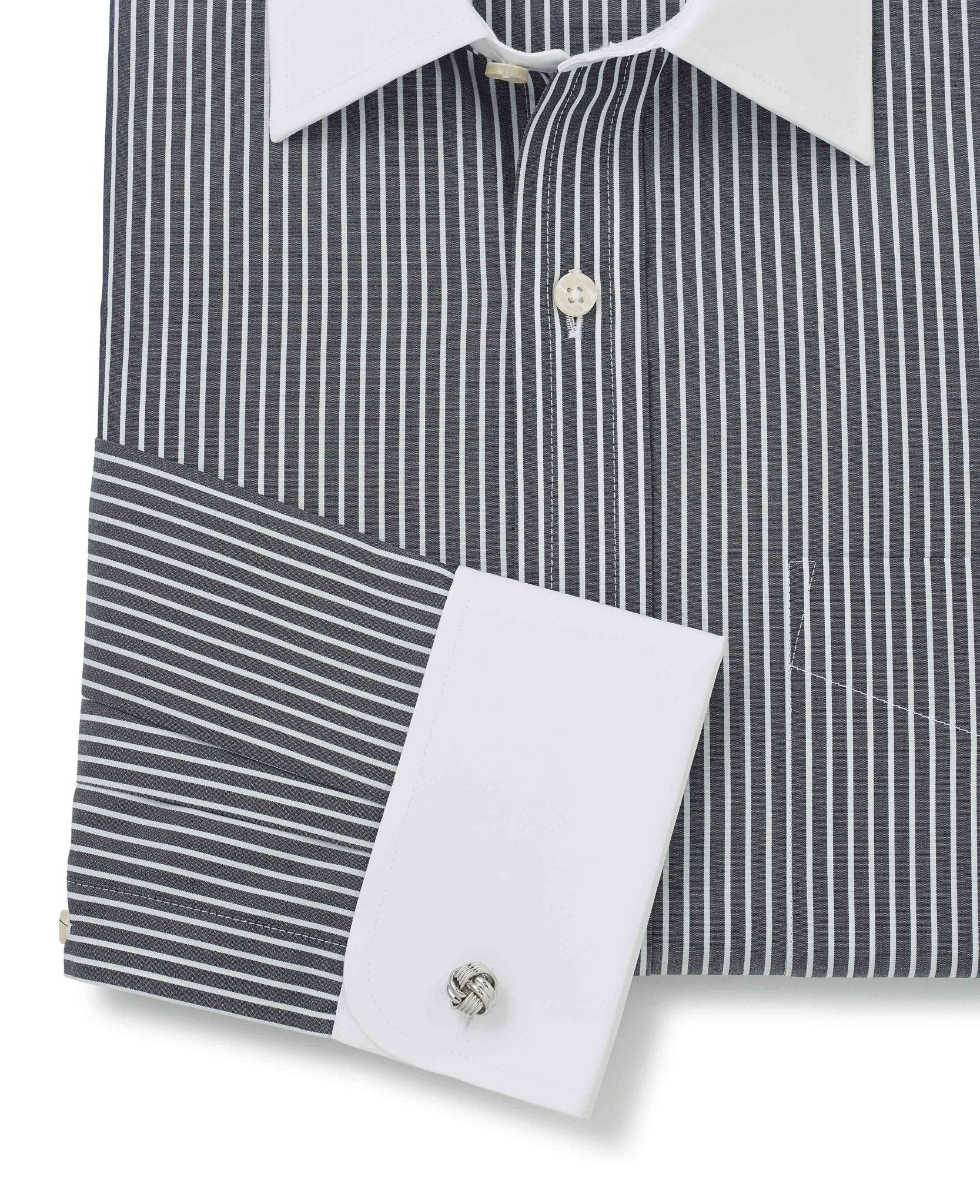 Black White Stripe Classic Fit Formal Shirt With White Collar & Cuffs - Double Cuff [RTC] - Image 5