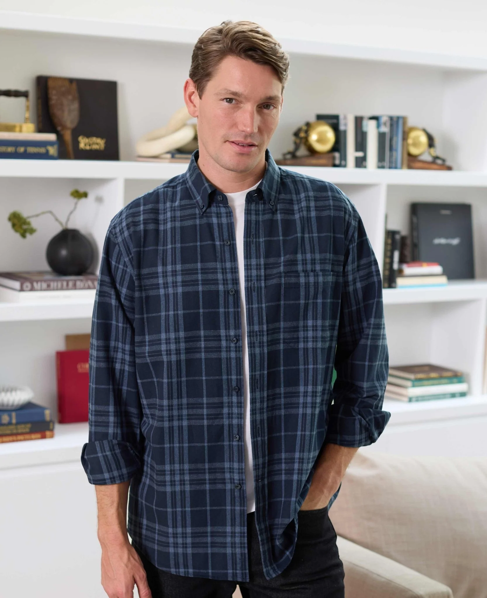 Blue Brushed Cotton Check Classic Fit Button-Down Casual Shirt