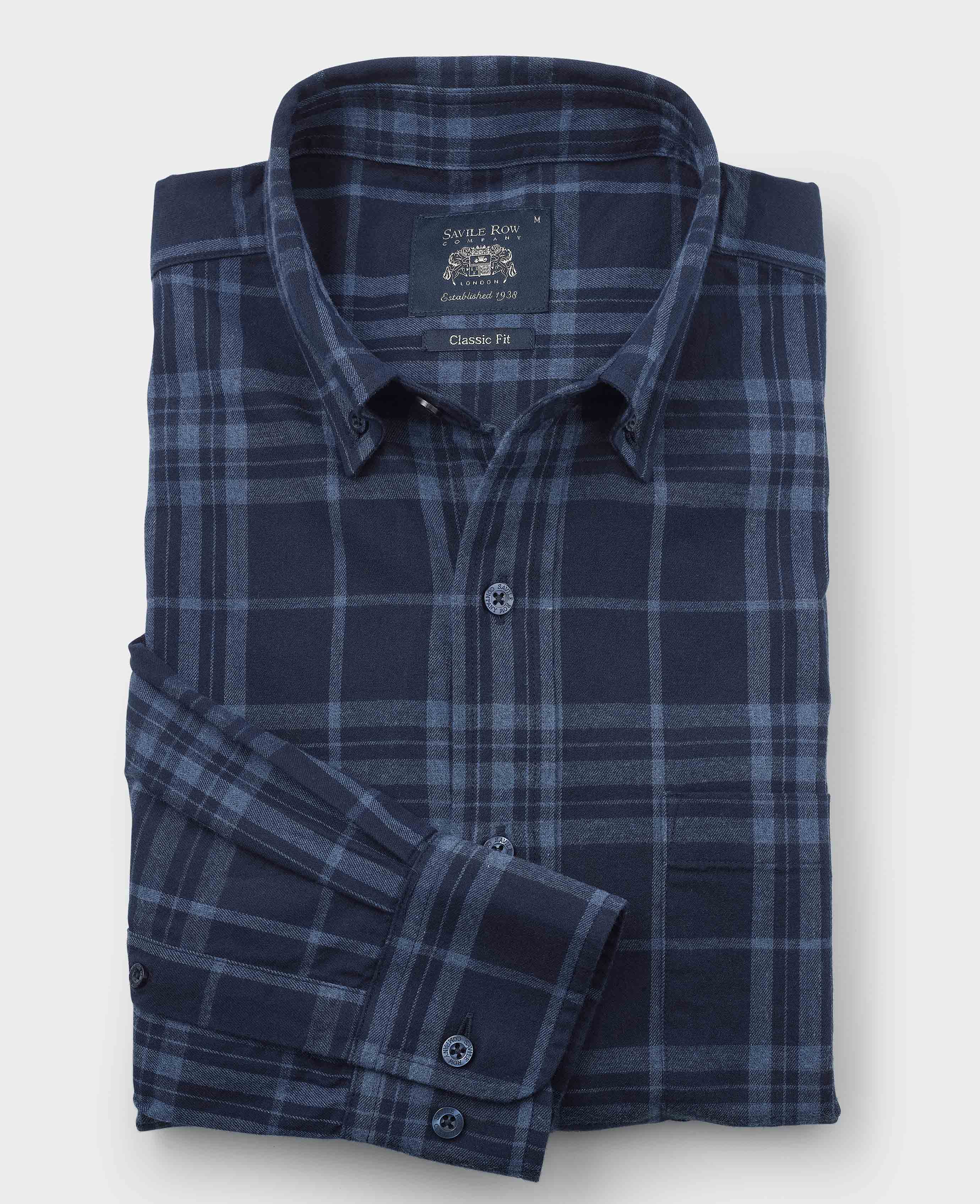 Blue Brushed Cotton Check Classic Fit Button-Down Casual Shirt - Image 2