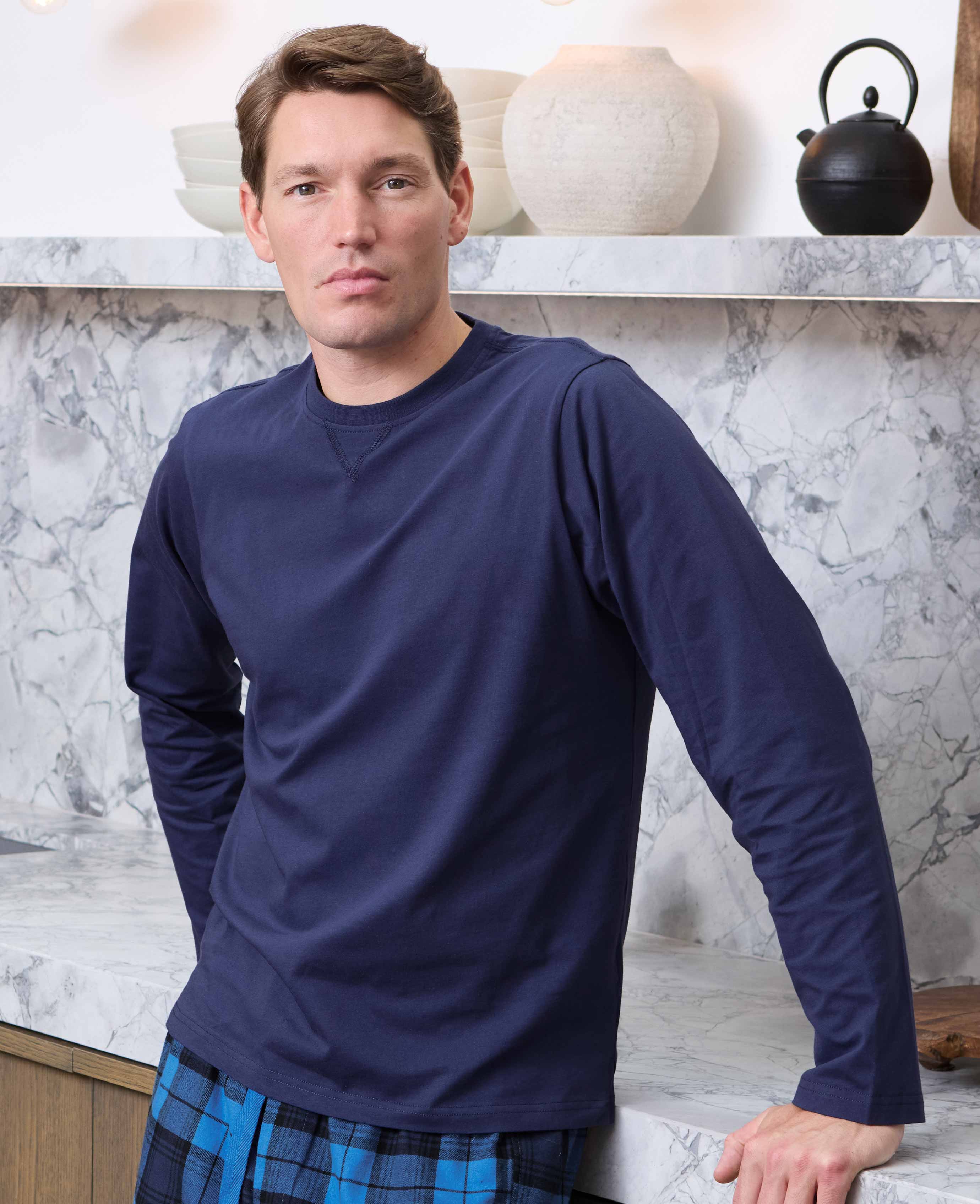 Blue Cotton Checked Lounge Pants & Long Sleeve T-Shirt Pyjama Set - Image 3