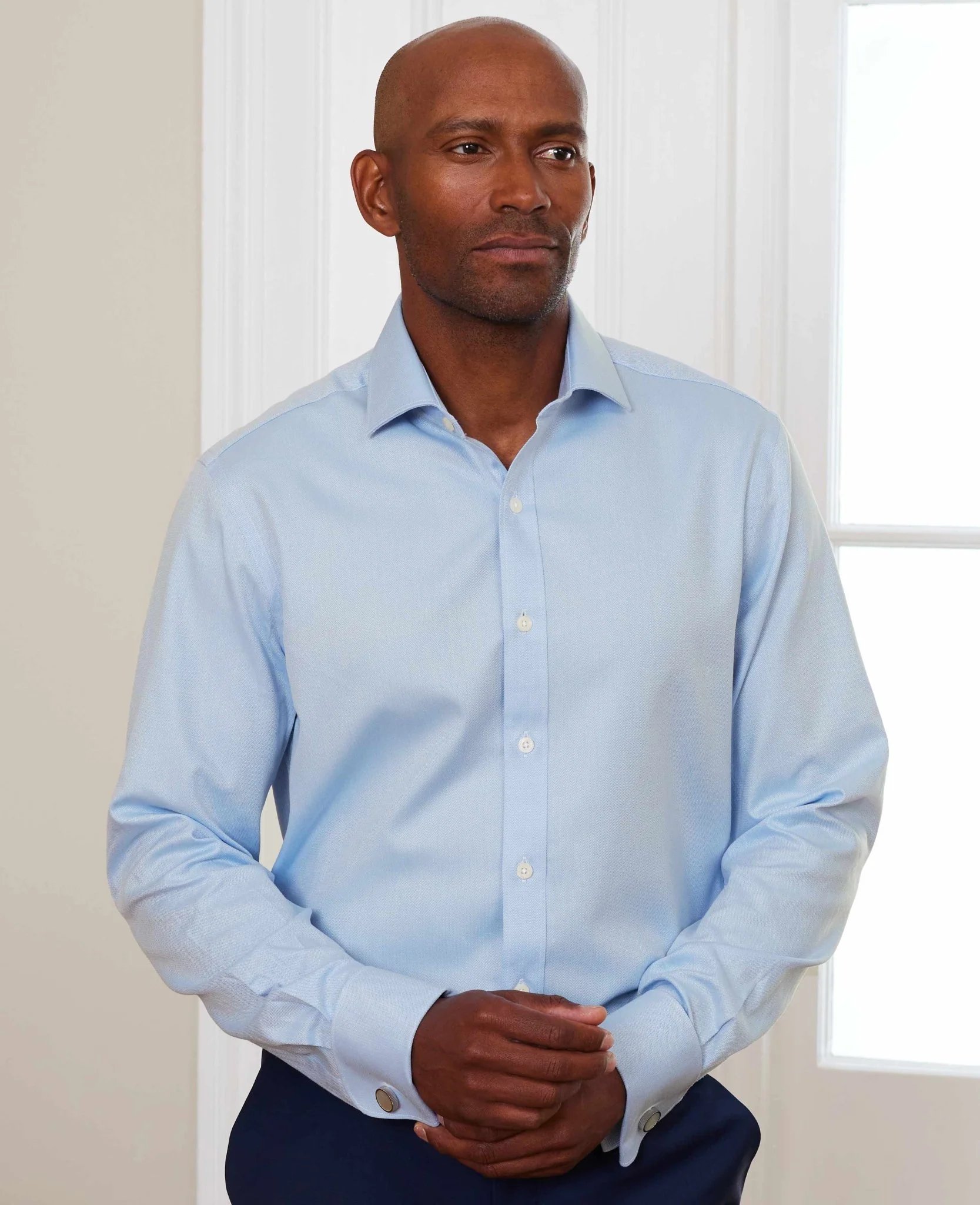 Blue Cotton Herringbone Slim Fit Formal Shirt - Double Cuff - Image 3