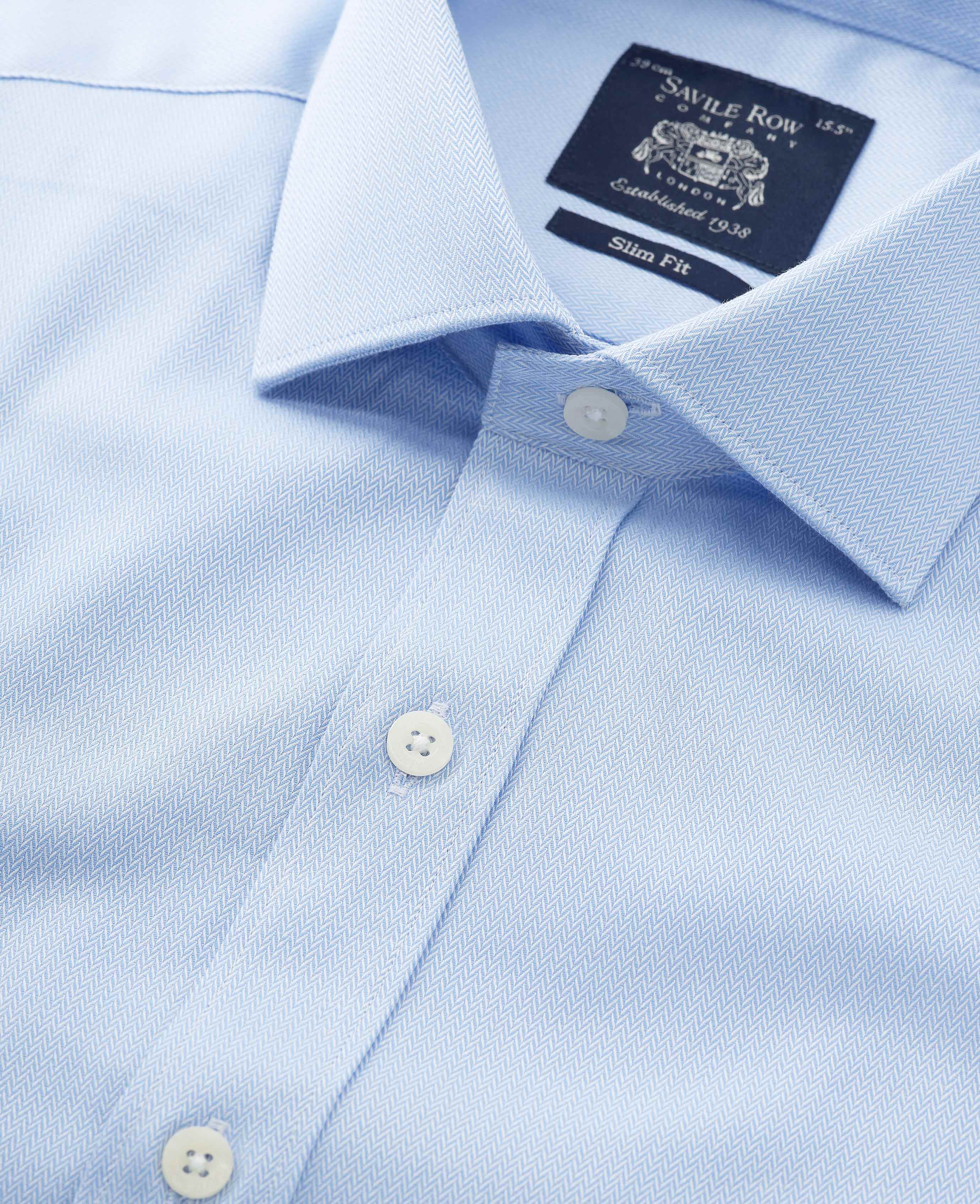 Blue Cotton Herringbone Slim Fit Formal Shirt - Double Cuff - Image 4