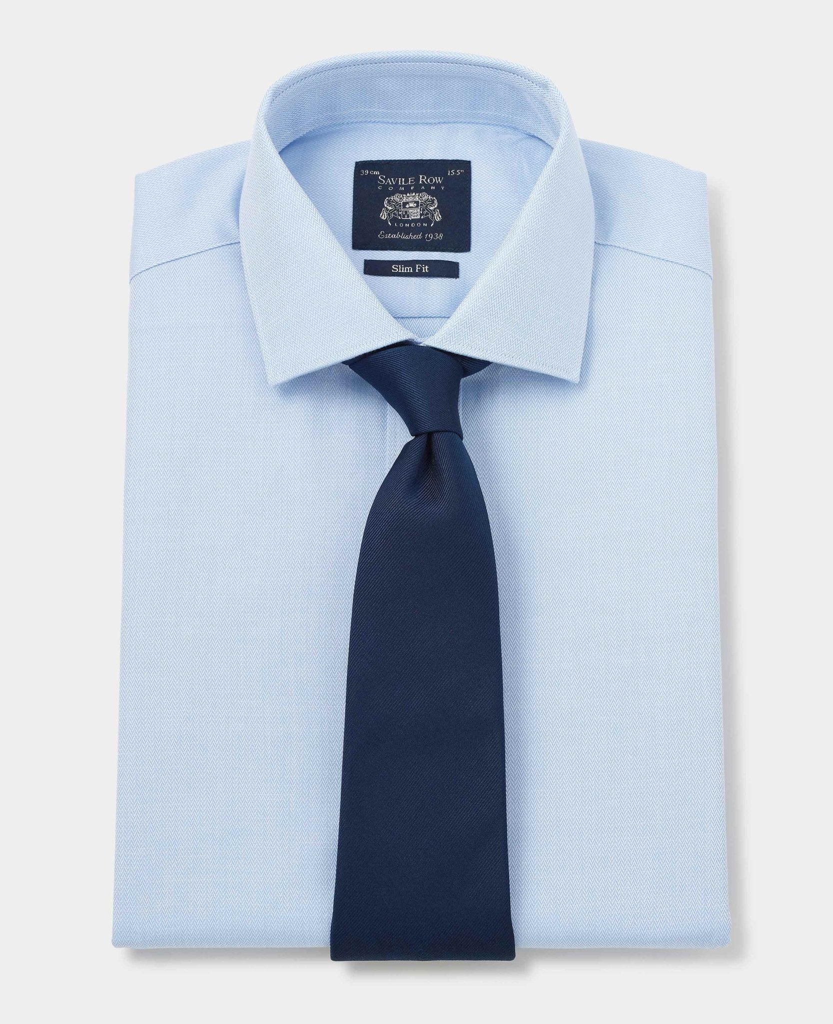 Blue Cotton Herringbone Slim Fit Formal Shirt - Double Cuff - Image 5