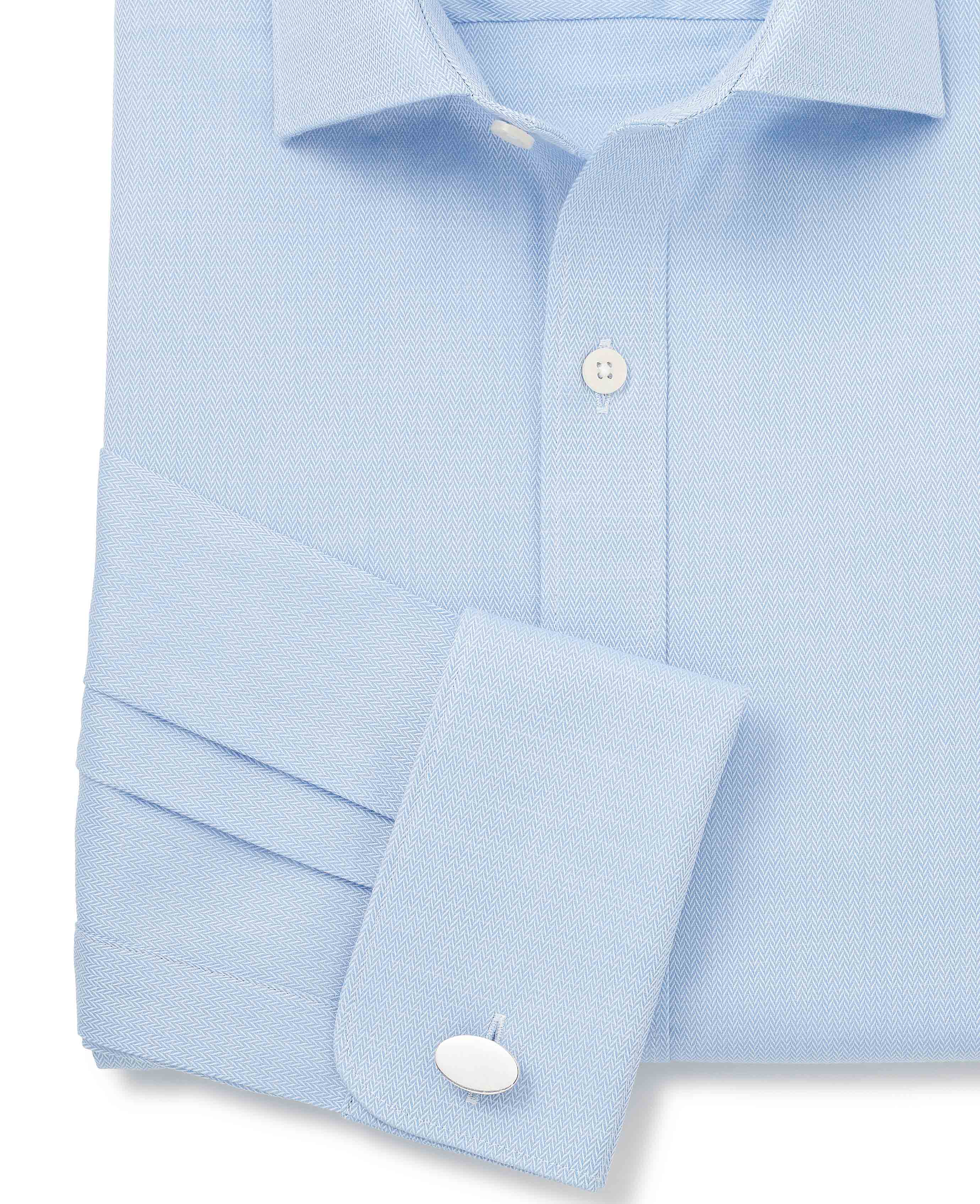 Blue Cotton Herringbone Slim Fit Formal Shirt - Double Cuff - Image 6
