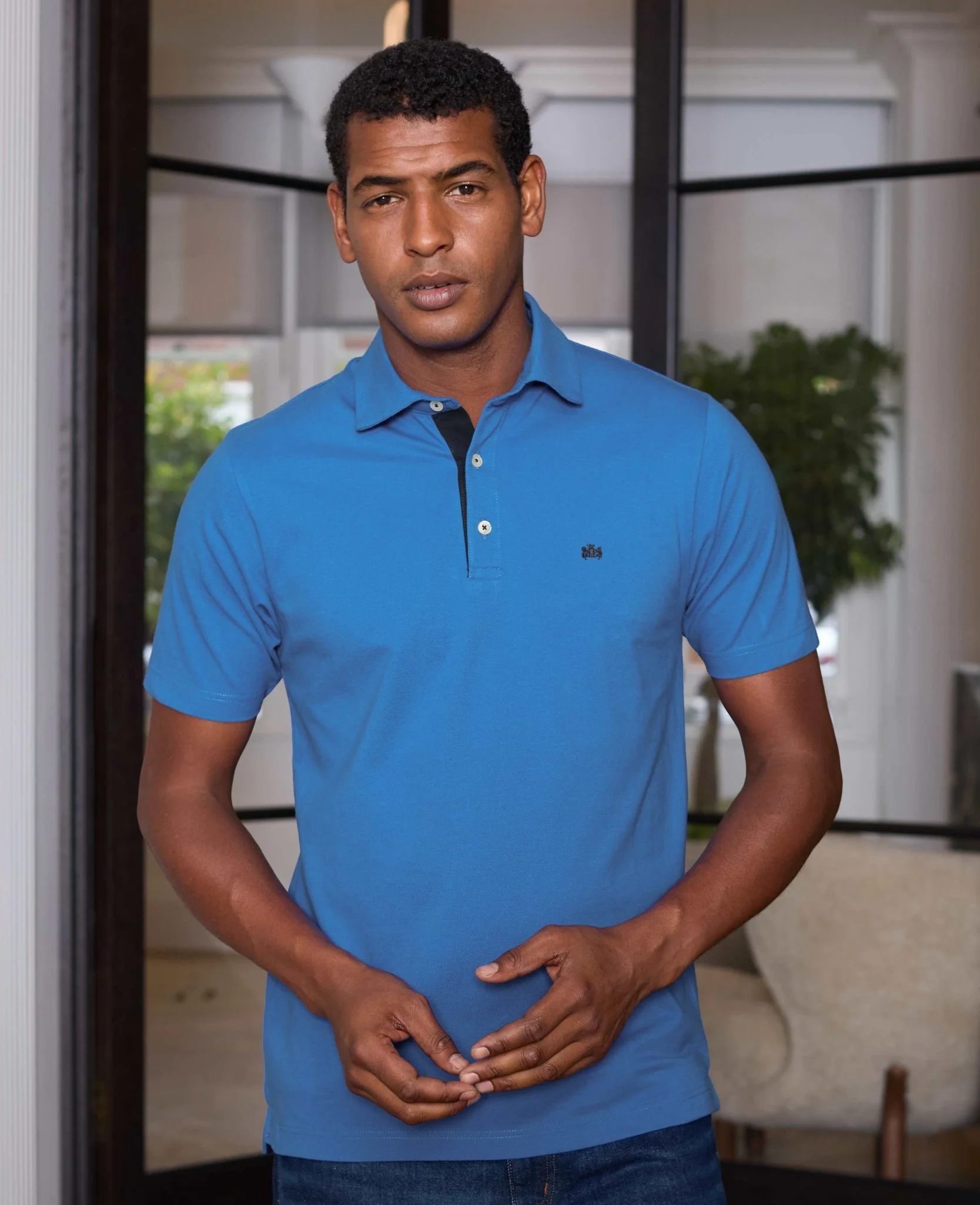 Blue Cotton Pique Short Sleeve Polo Shirt - Image 5