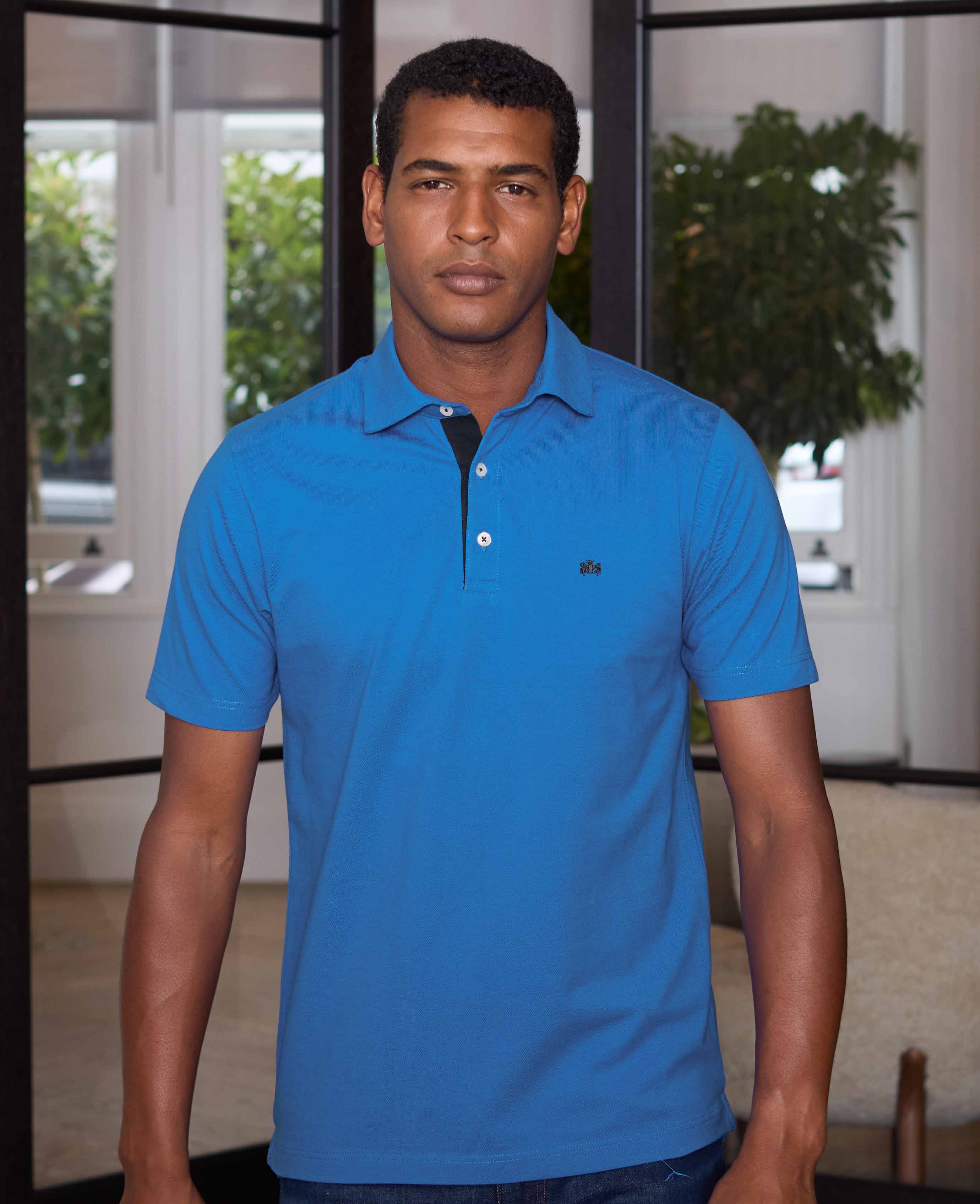 Blue Cotton Pique Short Sleeve Polo Shirt - Image 6