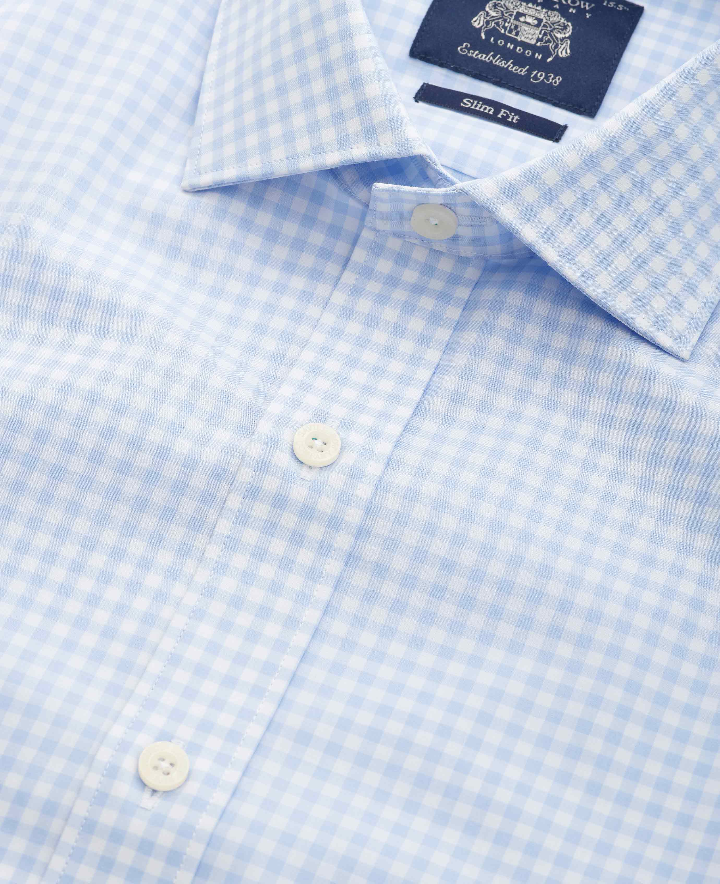 Blue Cotton Poplin Gingham Check Slim Fit Formal Shirt - Single Cuff - Image 3