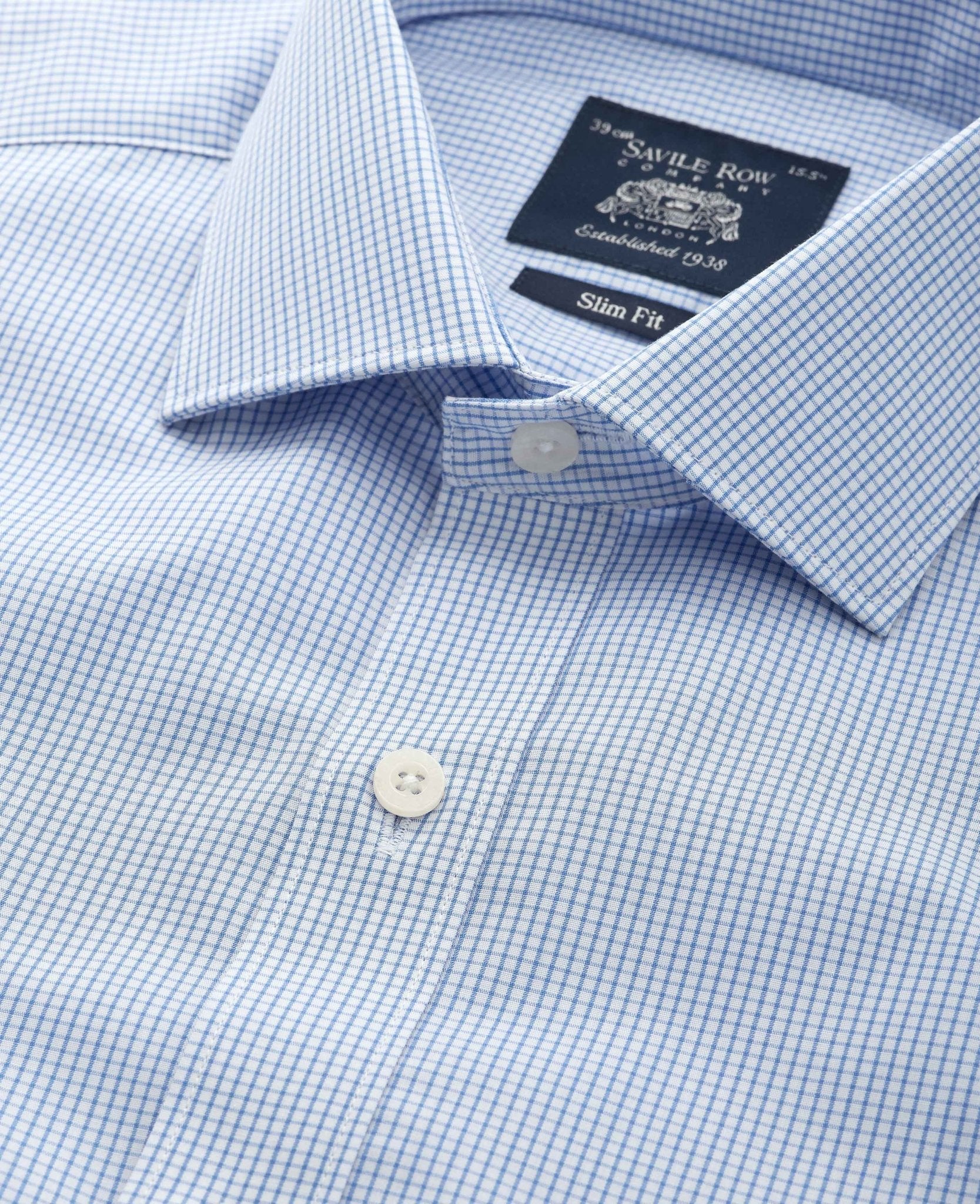 Blue Cotton Poplin Mini Check Slim Fit Formal Shirt - Double Cuff - Image 3