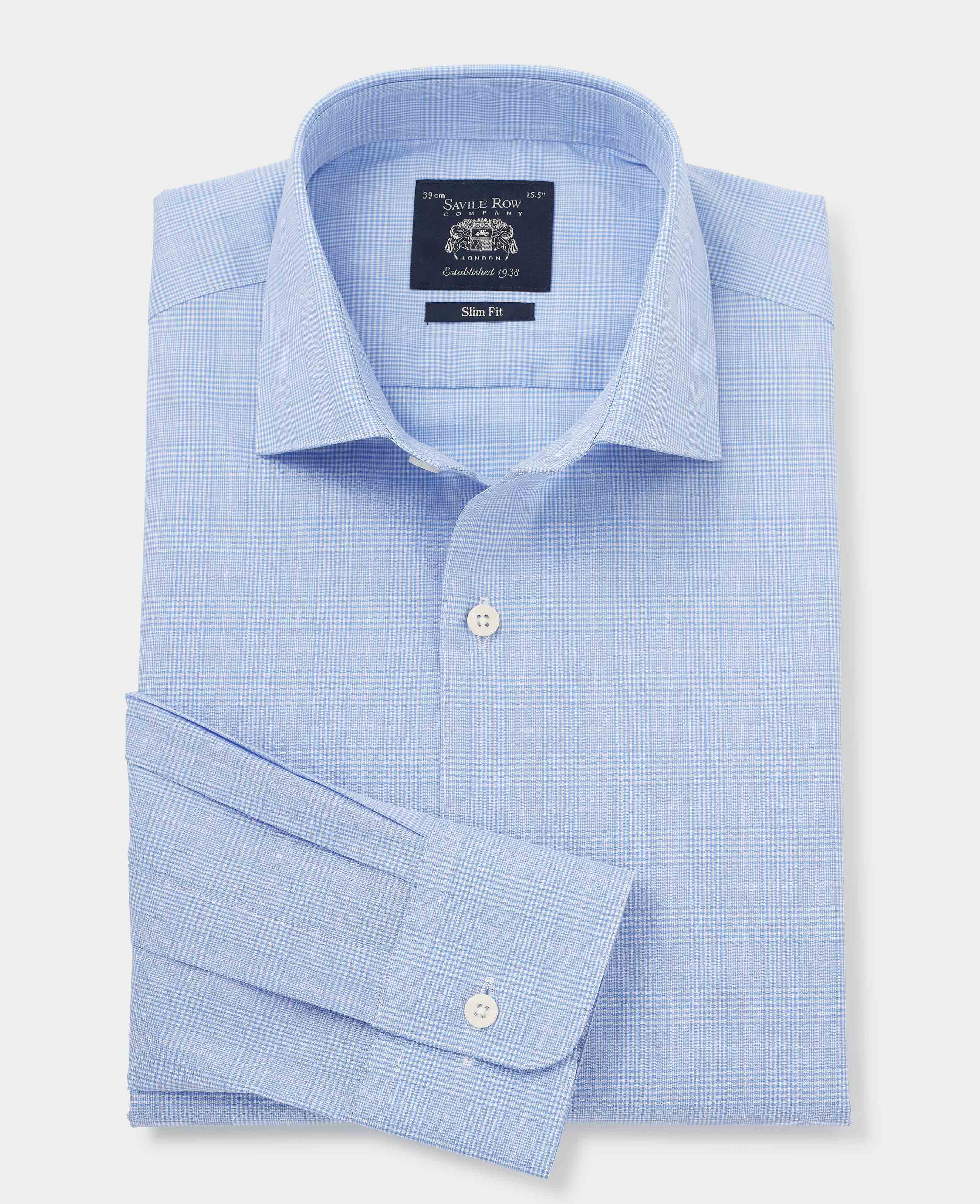 Blue Cotton Prince of Wales Check Slim Fit Formal Shirt - Single Cuff - Image 4