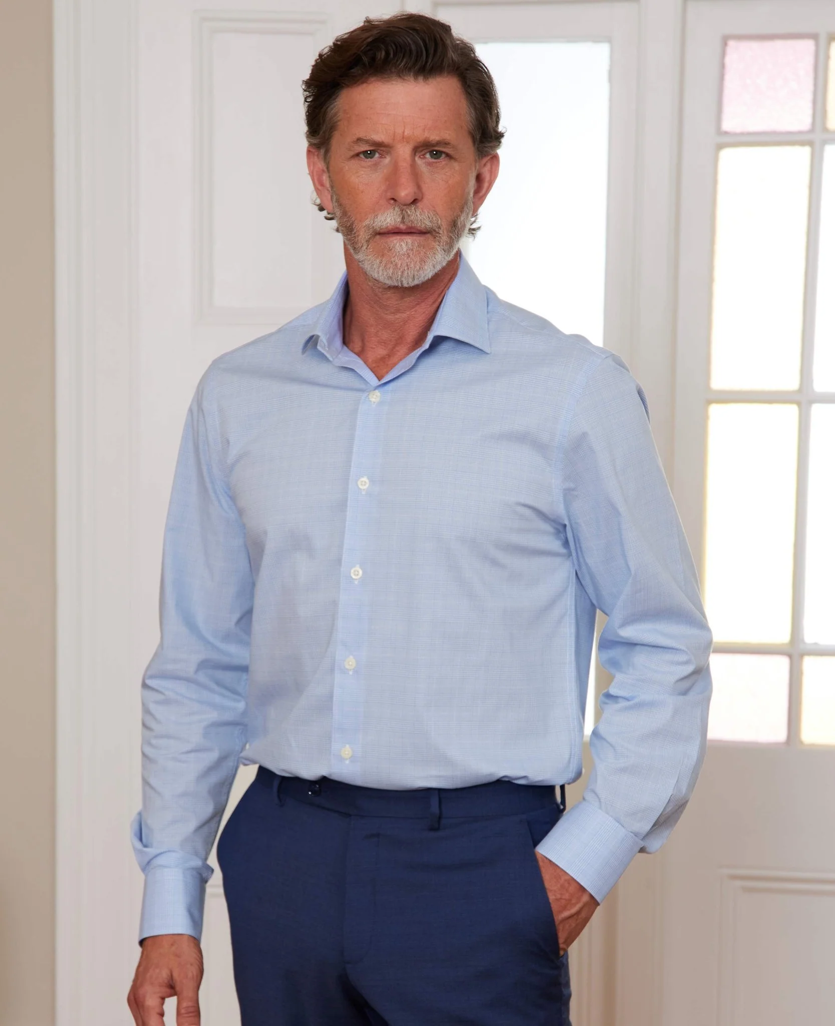 Blue Cotton Prince of Wales Check Slim Fit Formal Shirt - Single Cuff - Image 7
