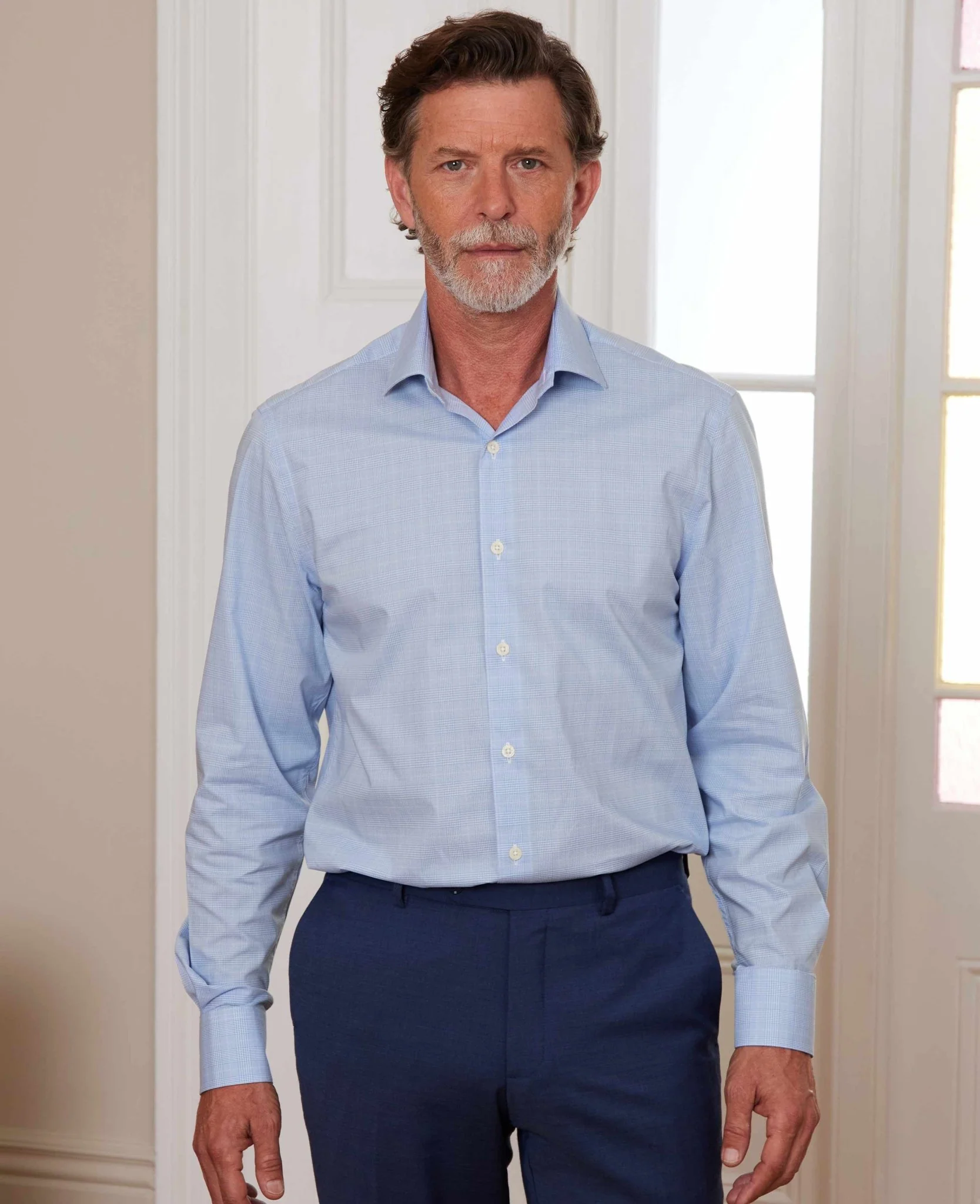 Blue Cotton Prince of Wales Check Slim Fit Formal Shirt - Single Cuff - Image 8