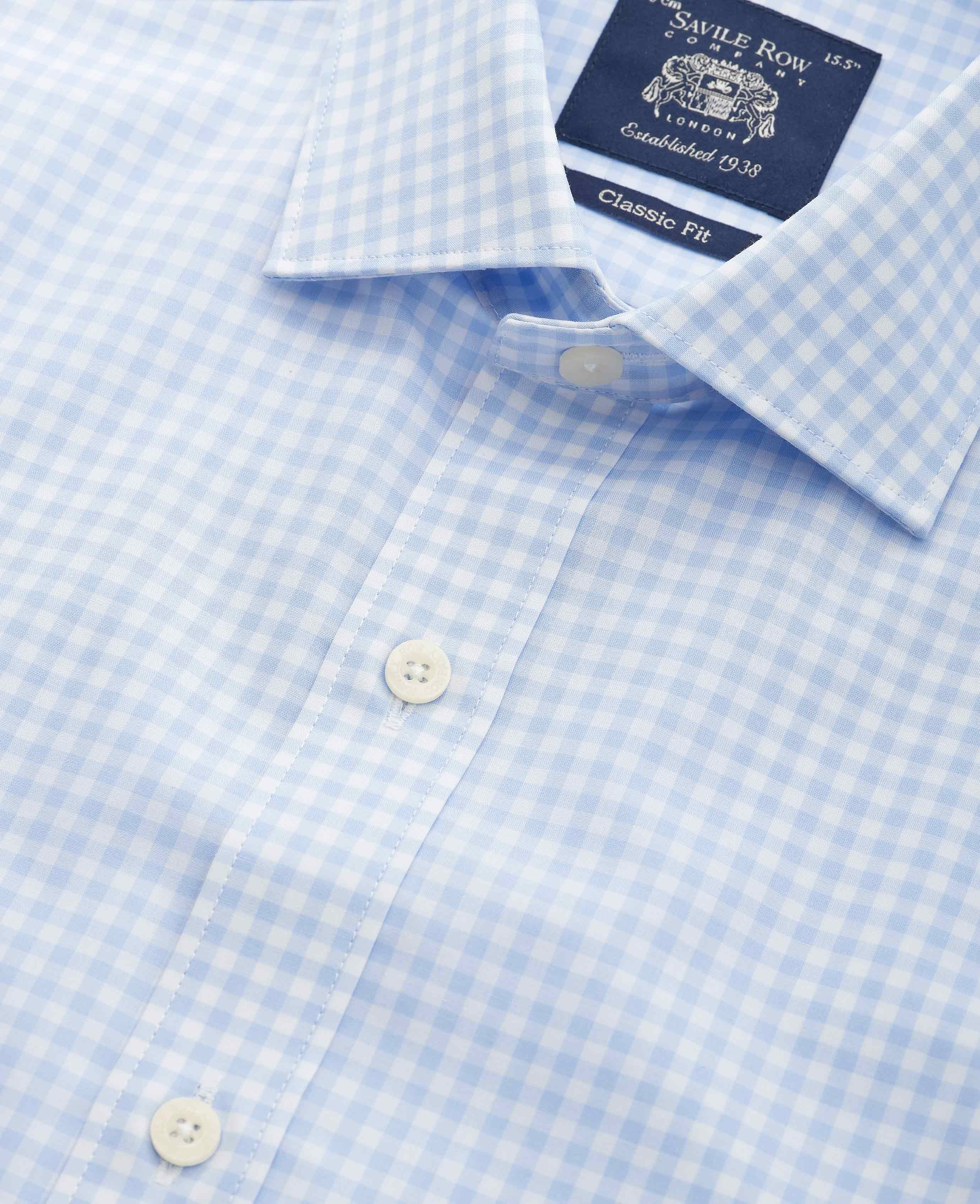 Blue Gingham Check Cotton Poplin Classic Fit Formal Shirt - Single Cuff - Image 3