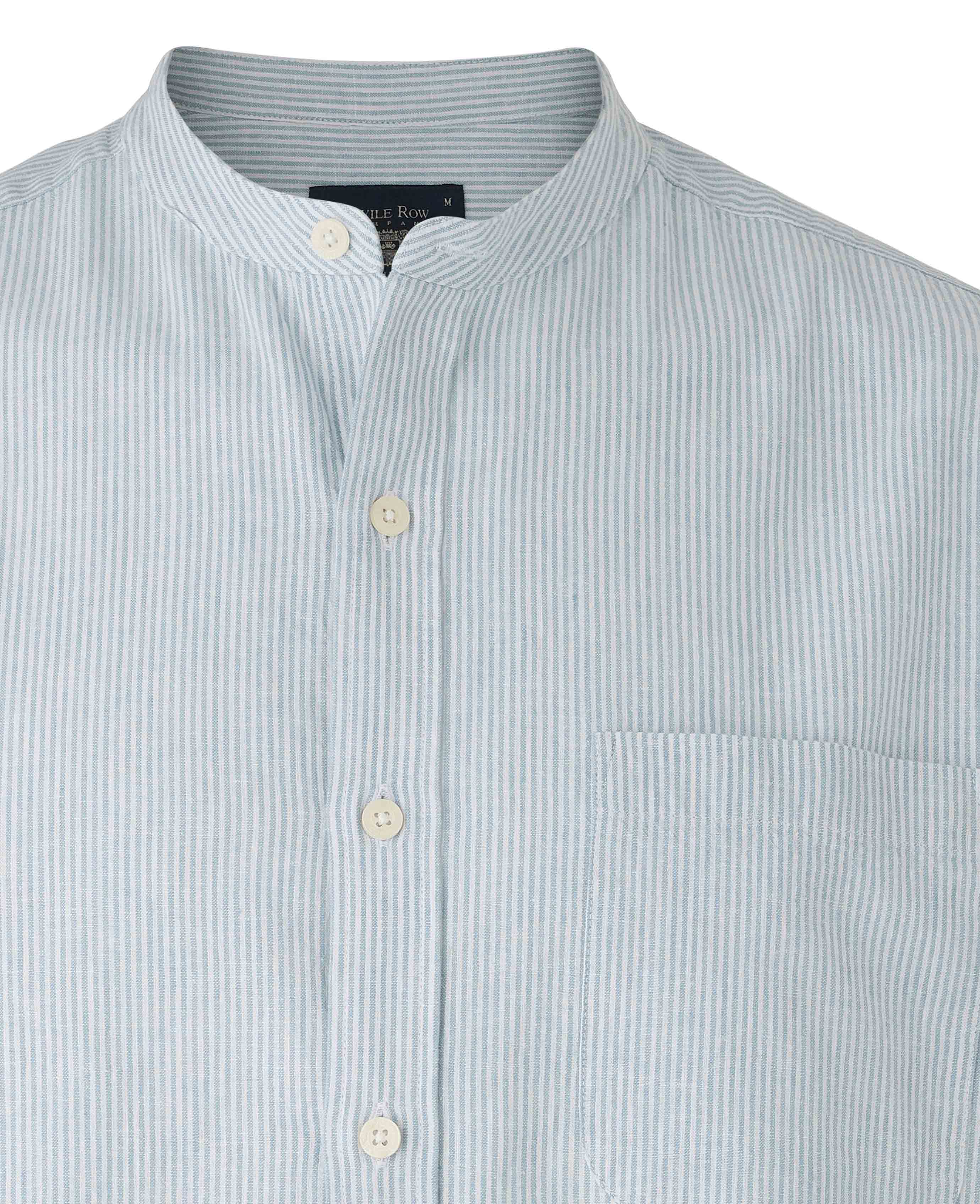Blue Linen Cotton Stripe Classic Fit Grandad Collar Casual Shirt - Image 4