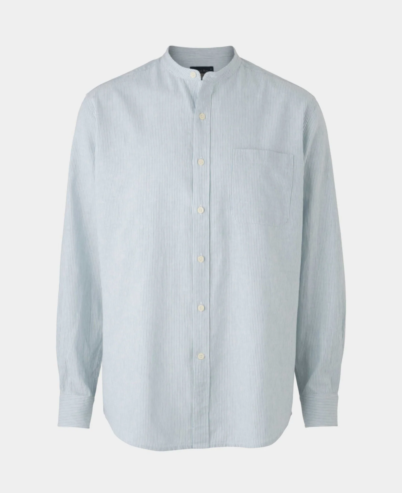 Blue Linen Cotton Stripe Classic Fit Grandad Collar Casual Shirt - Image 5