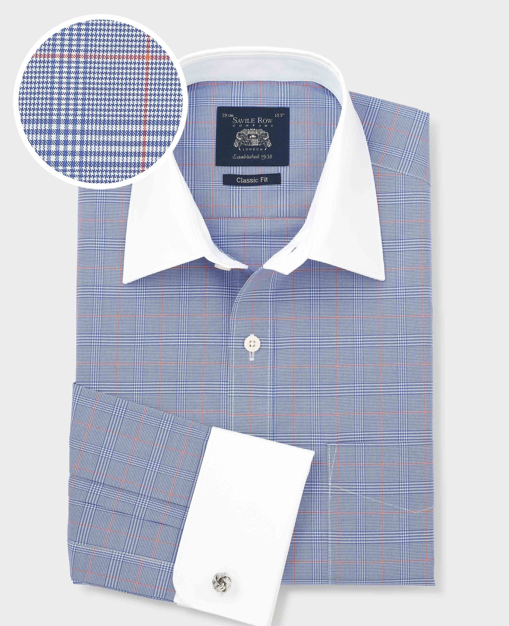 Blue Prince of Wales Check Cotton Poplin Classic Fit Winchester Formal Shirt - Double Cuff
