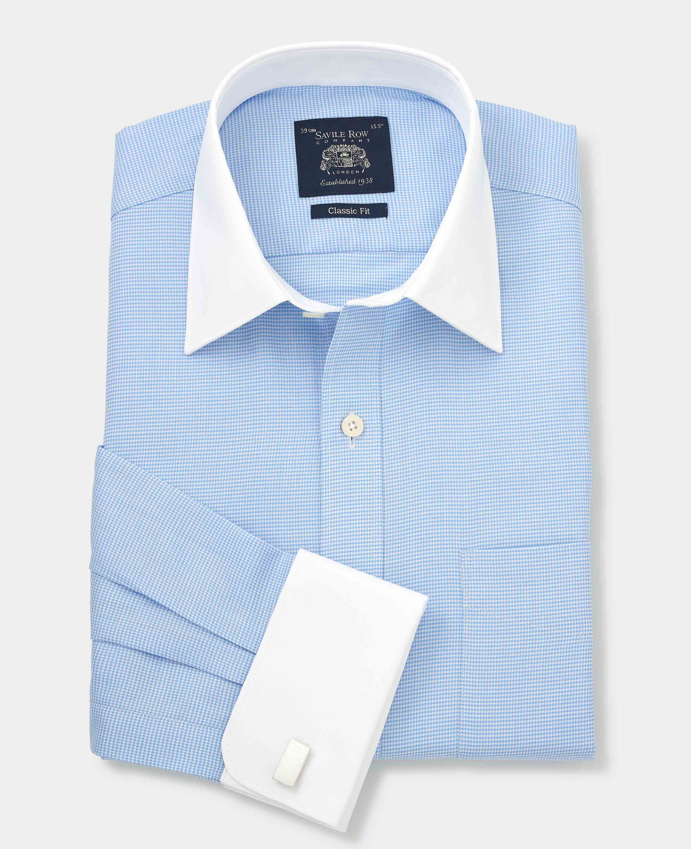 Blue Puppytooth Classic Fit Contrast Collar Shirt - Double Cuff - Image 4