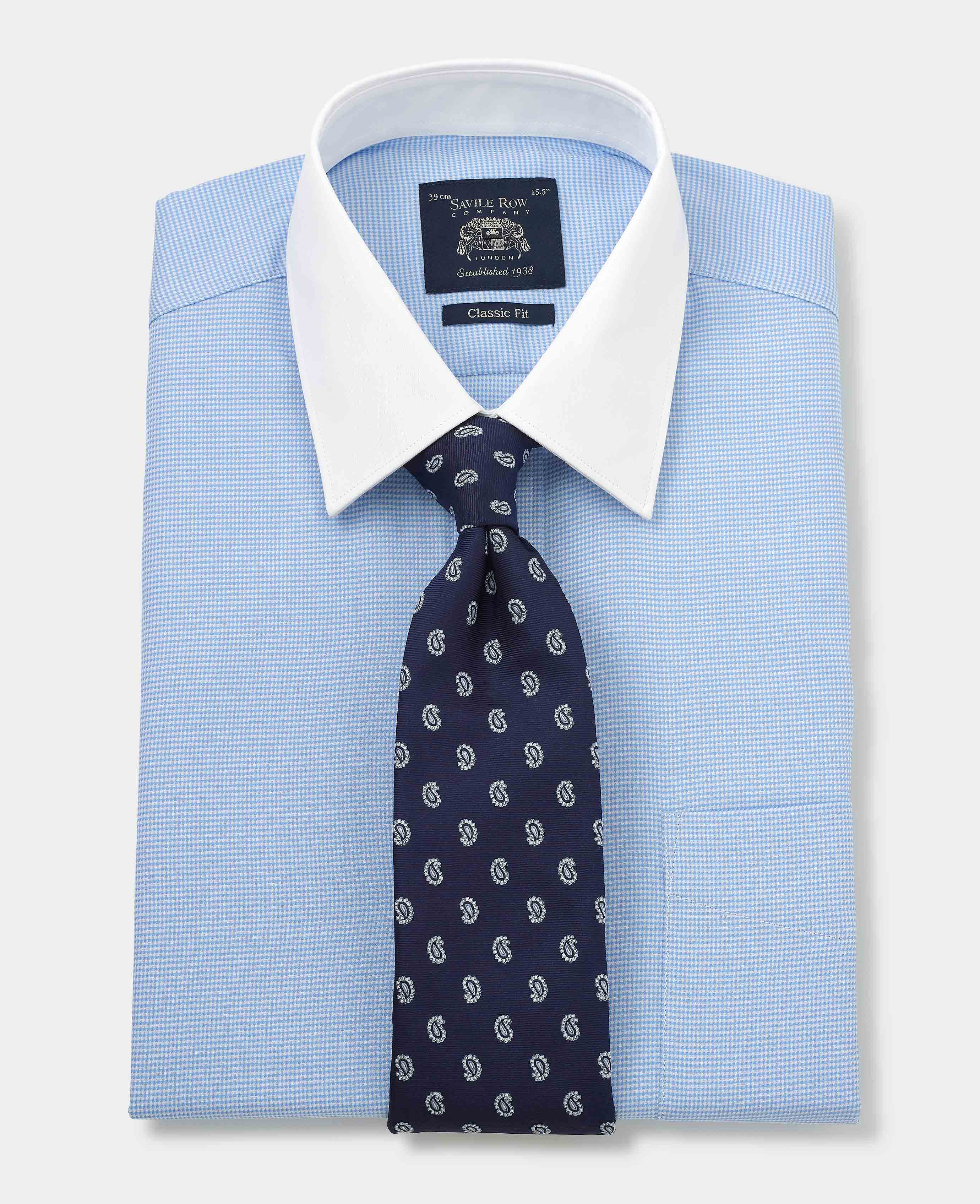 Blue Puppytooth Classic Fit Contrast Collar Shirt - Double Cuff - Image 5