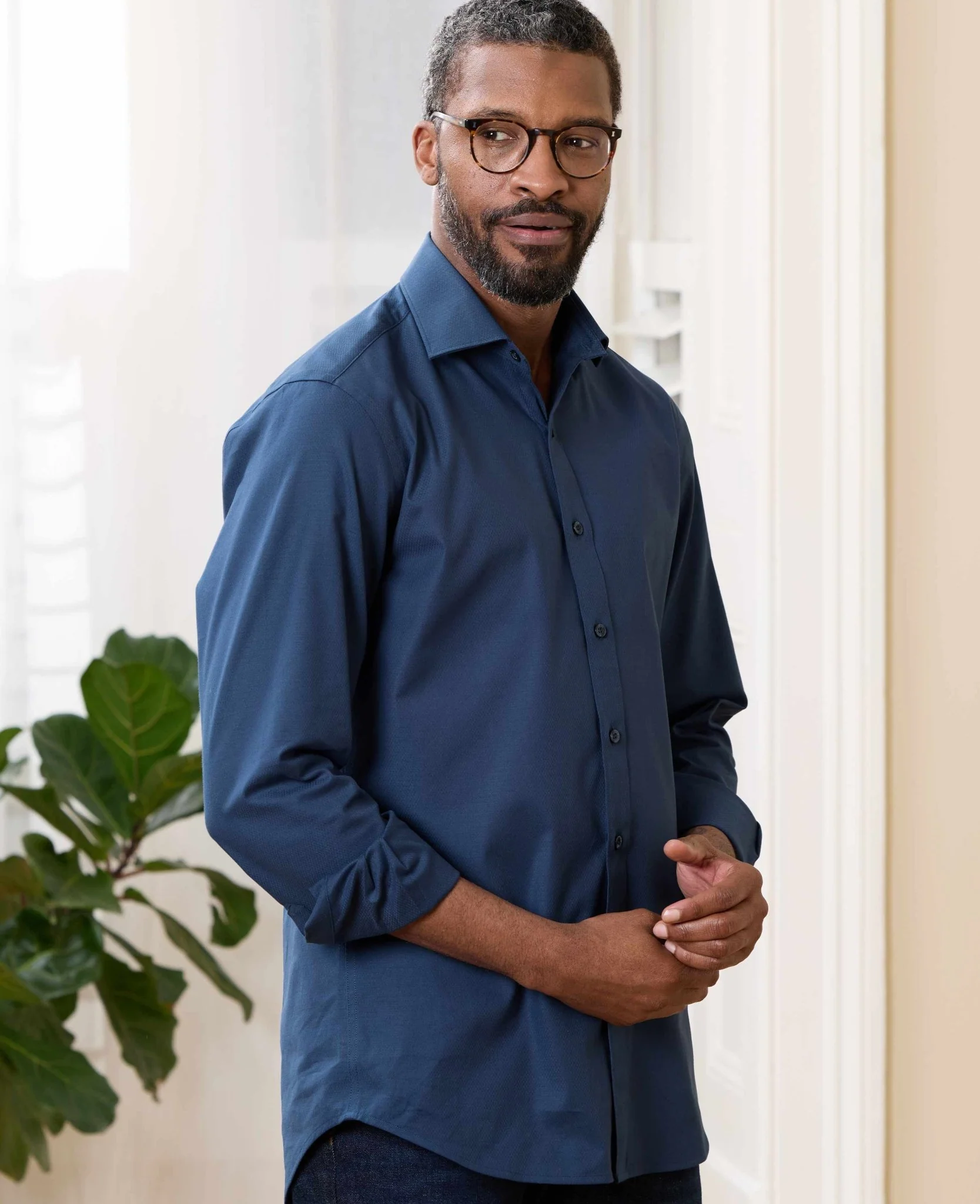 Blue Stretch Textured Cotton Slim Fit Formal Shirt - Single Cuff - Image 4