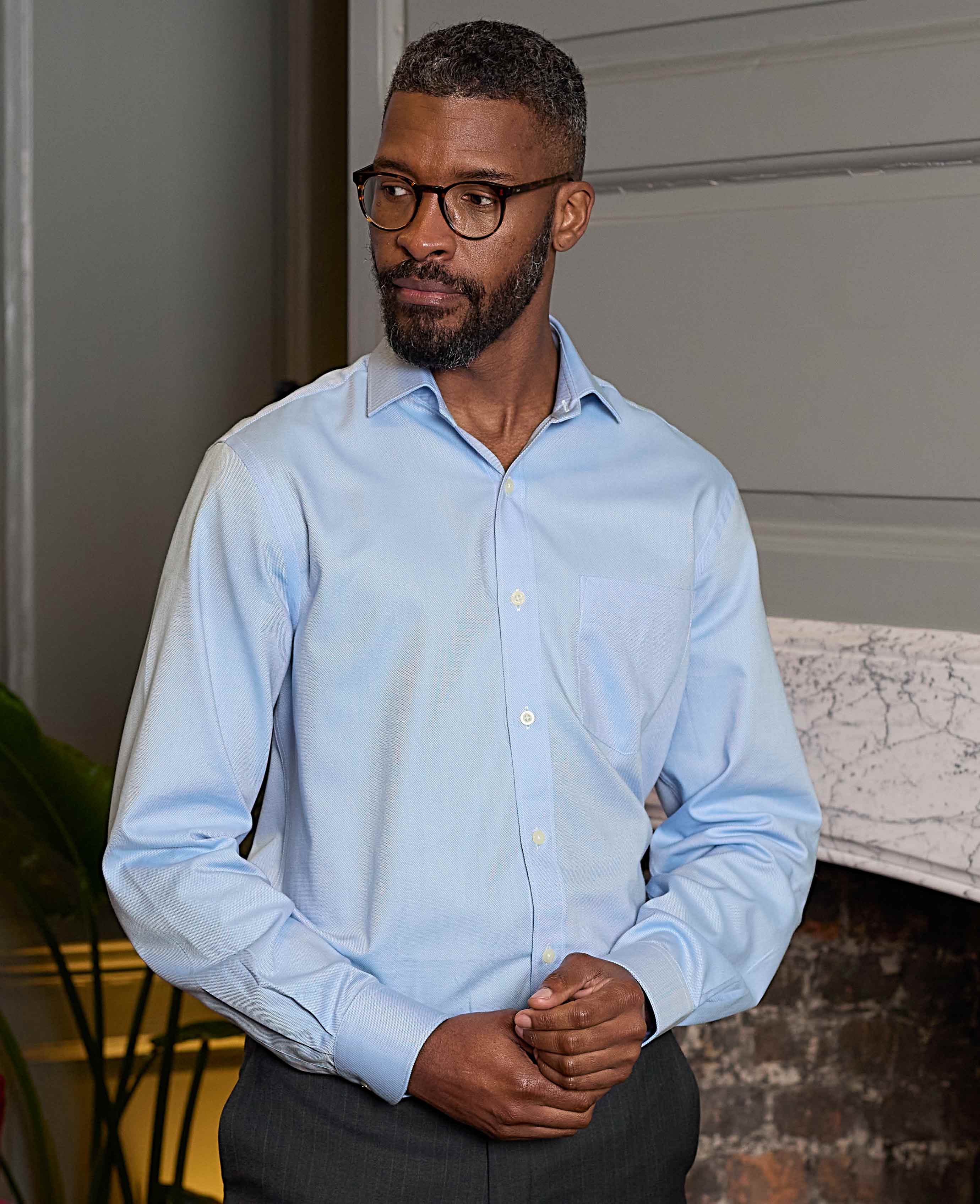 Blue Textured Cotton Classic Fit Formal Shirt - Single Cuff - Image 2