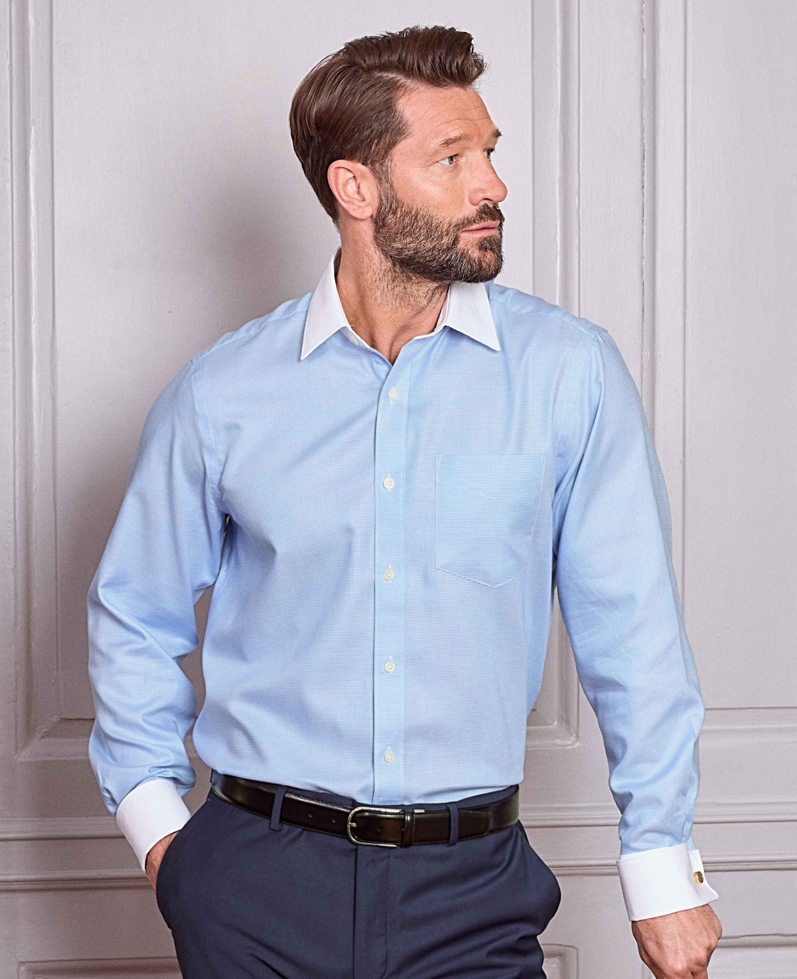 Blue Textured Cotton Puppytooth Classic Fit Winchester Formal Shirt - Double Cuff - Image 6