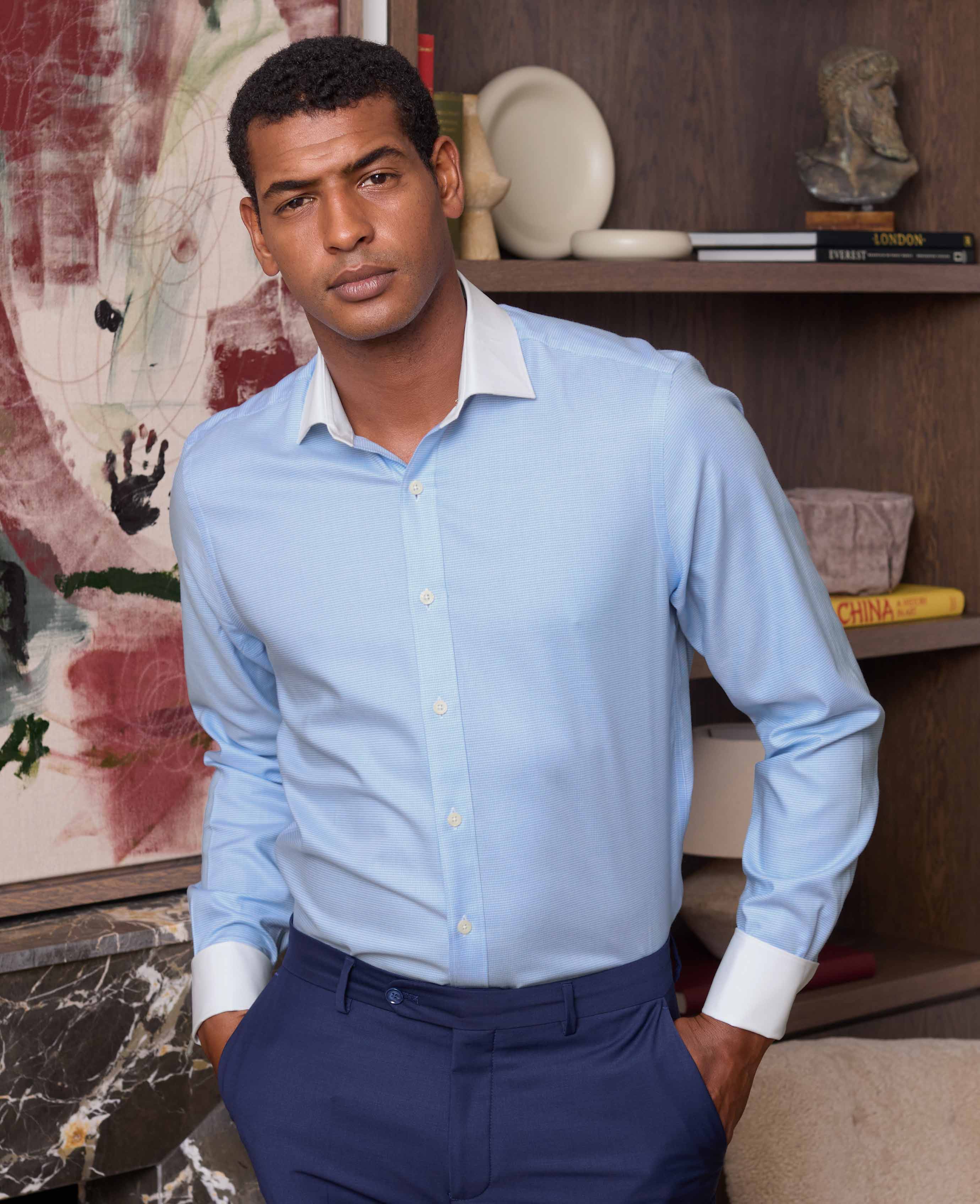 Blue Textured Cotton Puppytooth Slim Fit Winchester Formal Shirt - Double Cuff - Image 2