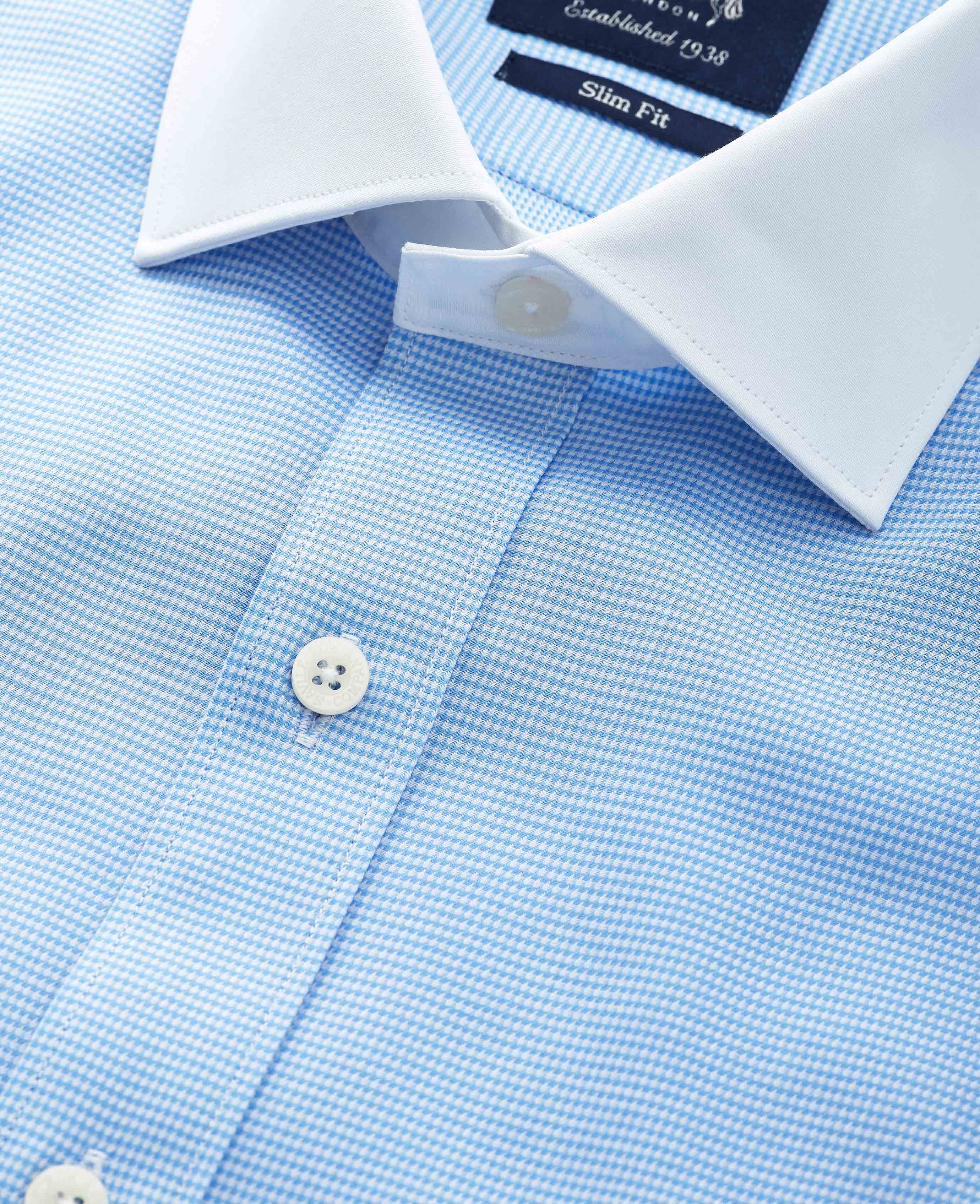 Blue Textured Cotton Puppytooth Slim Fit Winchester Formal Shirt - Double Cuff - Image 3