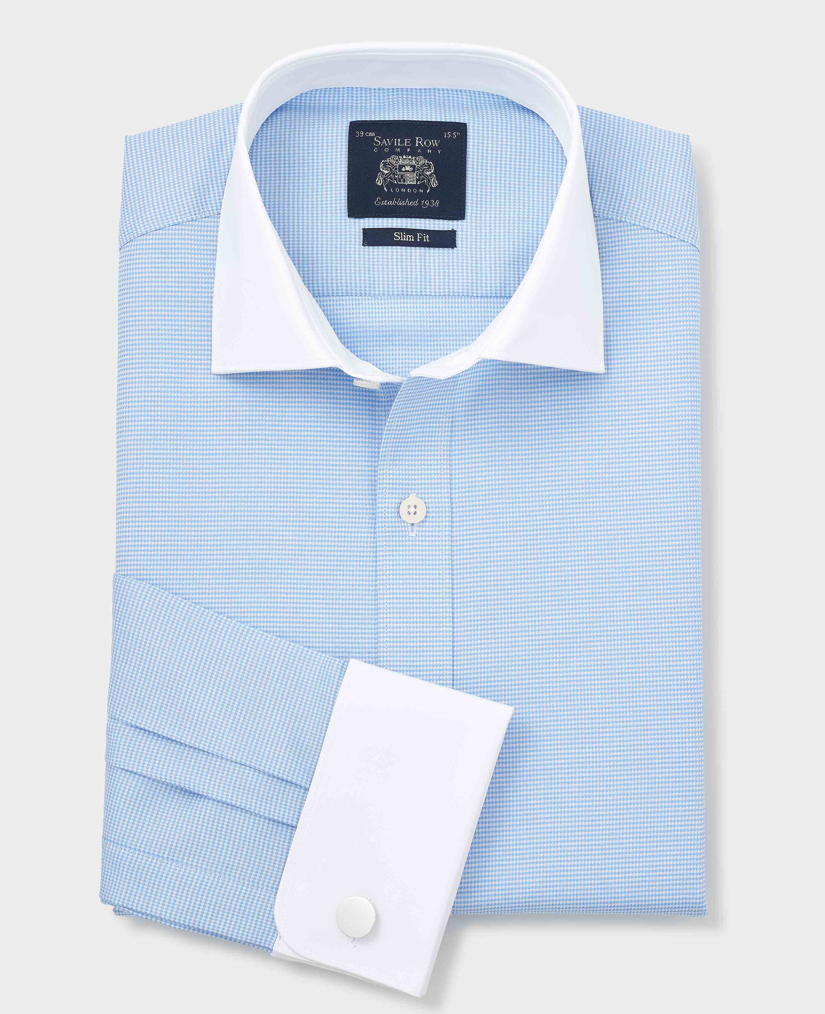 Blue Textured Cotton Puppytooth Slim Fit Winchester Formal Shirt - Double Cuff - Image 5