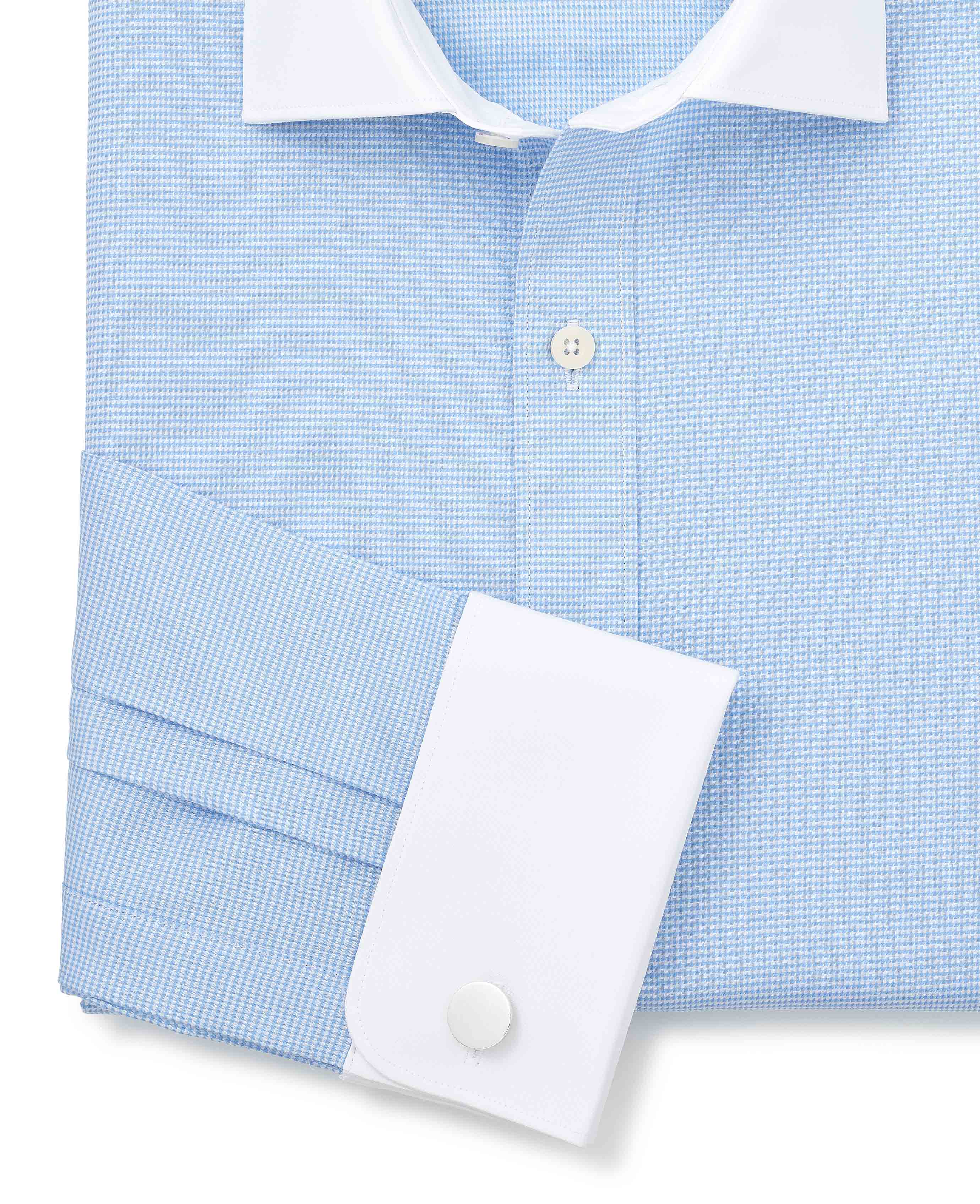 Blue Textured Cotton Puppytooth Slim Fit Winchester Formal Shirt - Double Cuff - Image 6