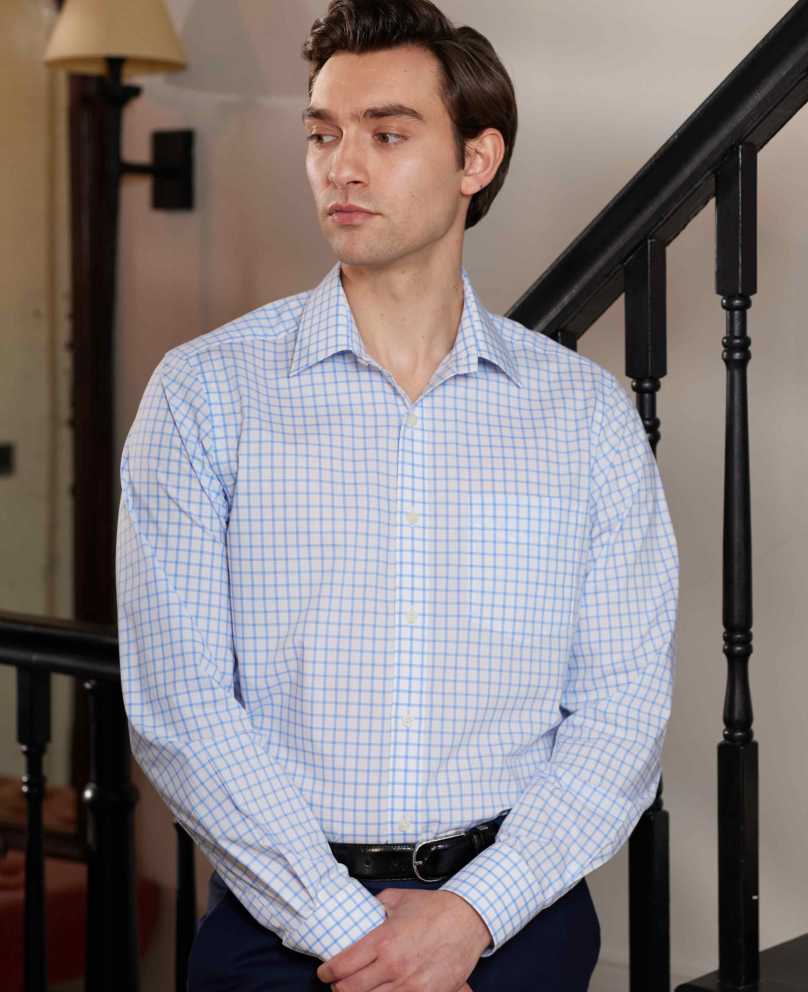 Blue White Check Classic Fit Shirt - Single Cuff [RTC] - Image 3