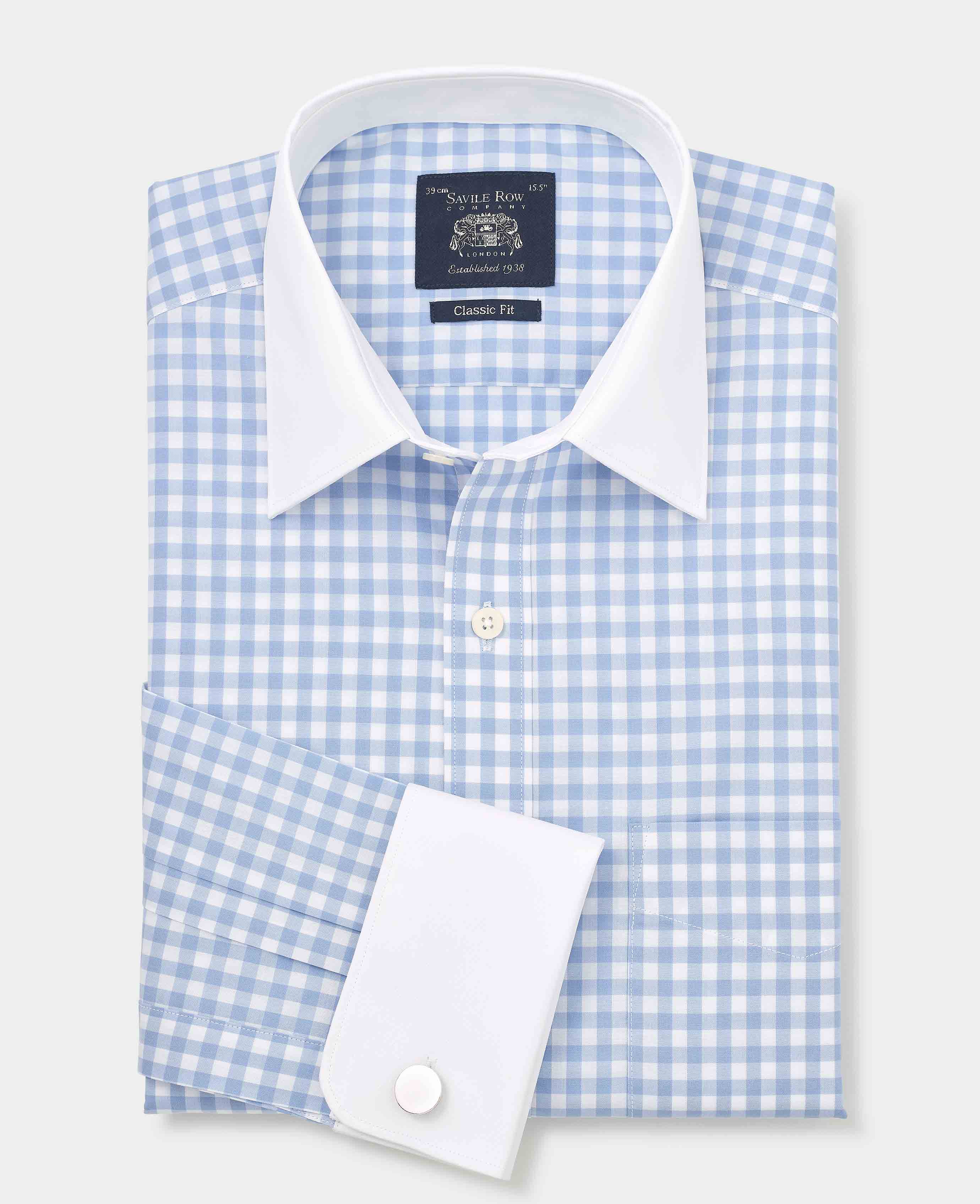 Blue White Cotton Gingham Check Classic Fit Winchester Formal Shirt - Double Cuff - Image 3