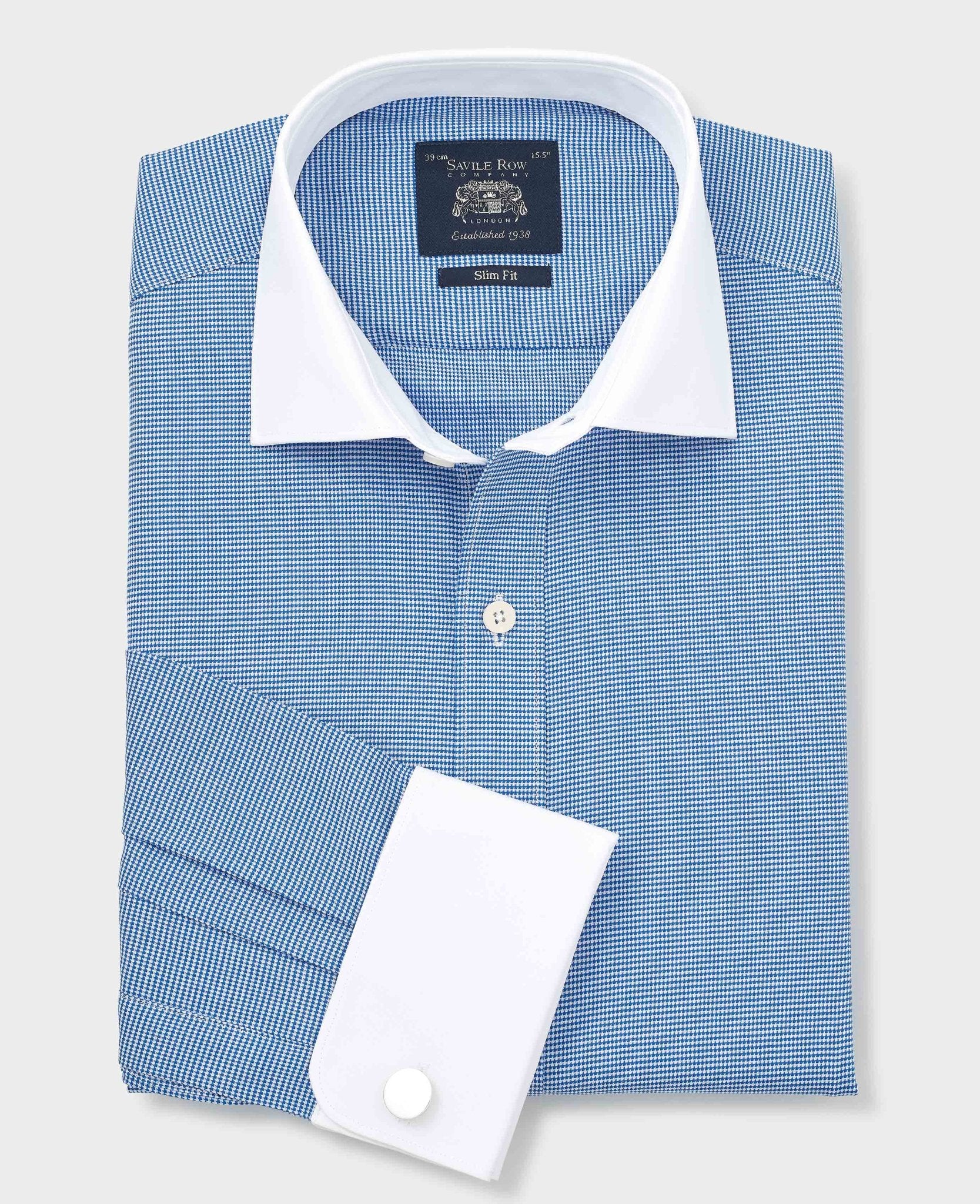 Blue White Cotton Puppytooth Slim Fit Winchester Formal Shirt - Double Cuff - Image 5