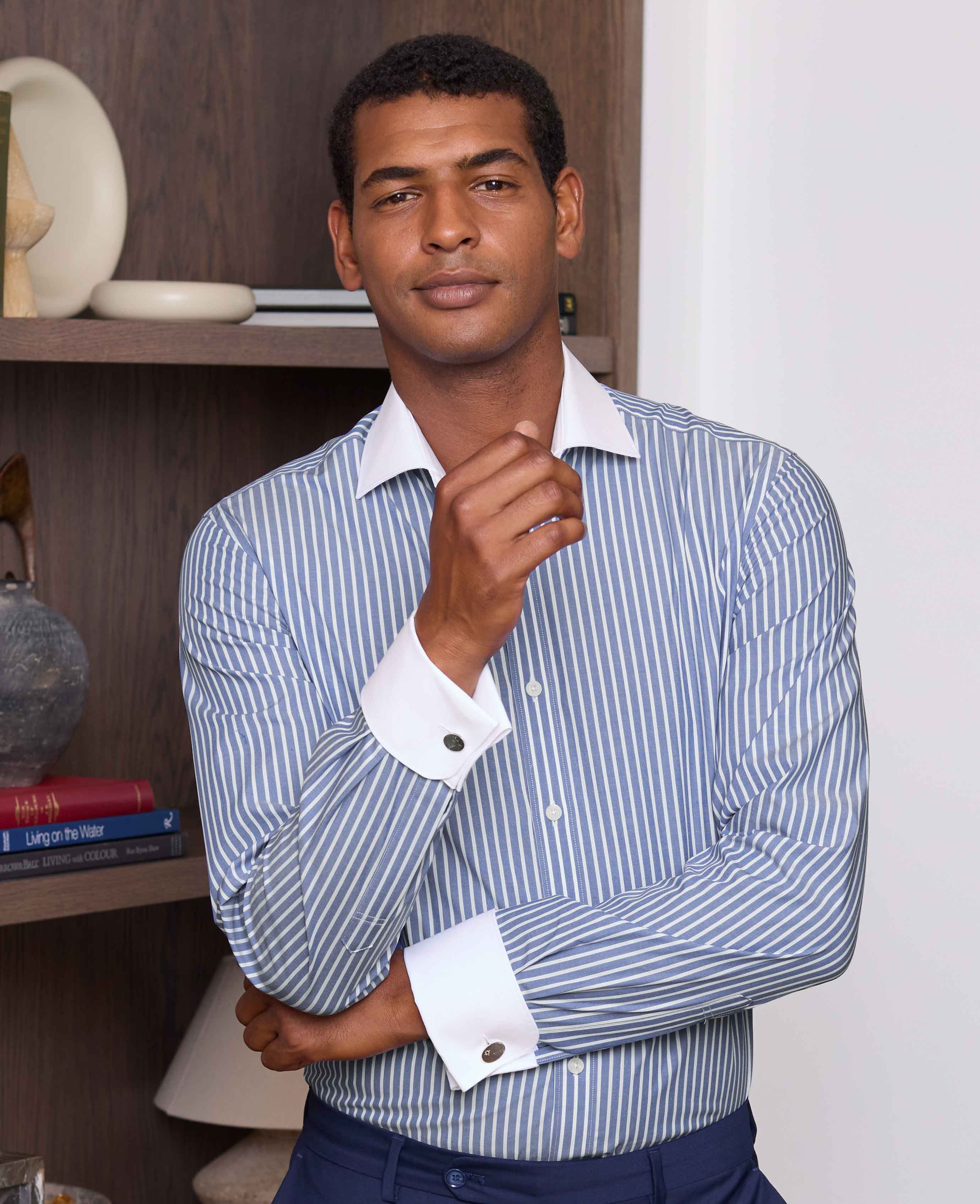 Blue White Cotton Striped Slim Fit Winchester Formal Shirt - Double Cuff - Image 2