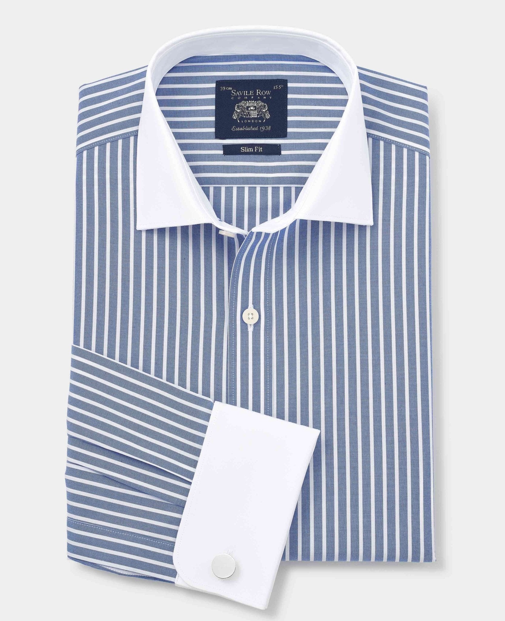 Blue White Cotton Striped Slim Fit Winchester Formal Shirt - Double Cuff - Image 3