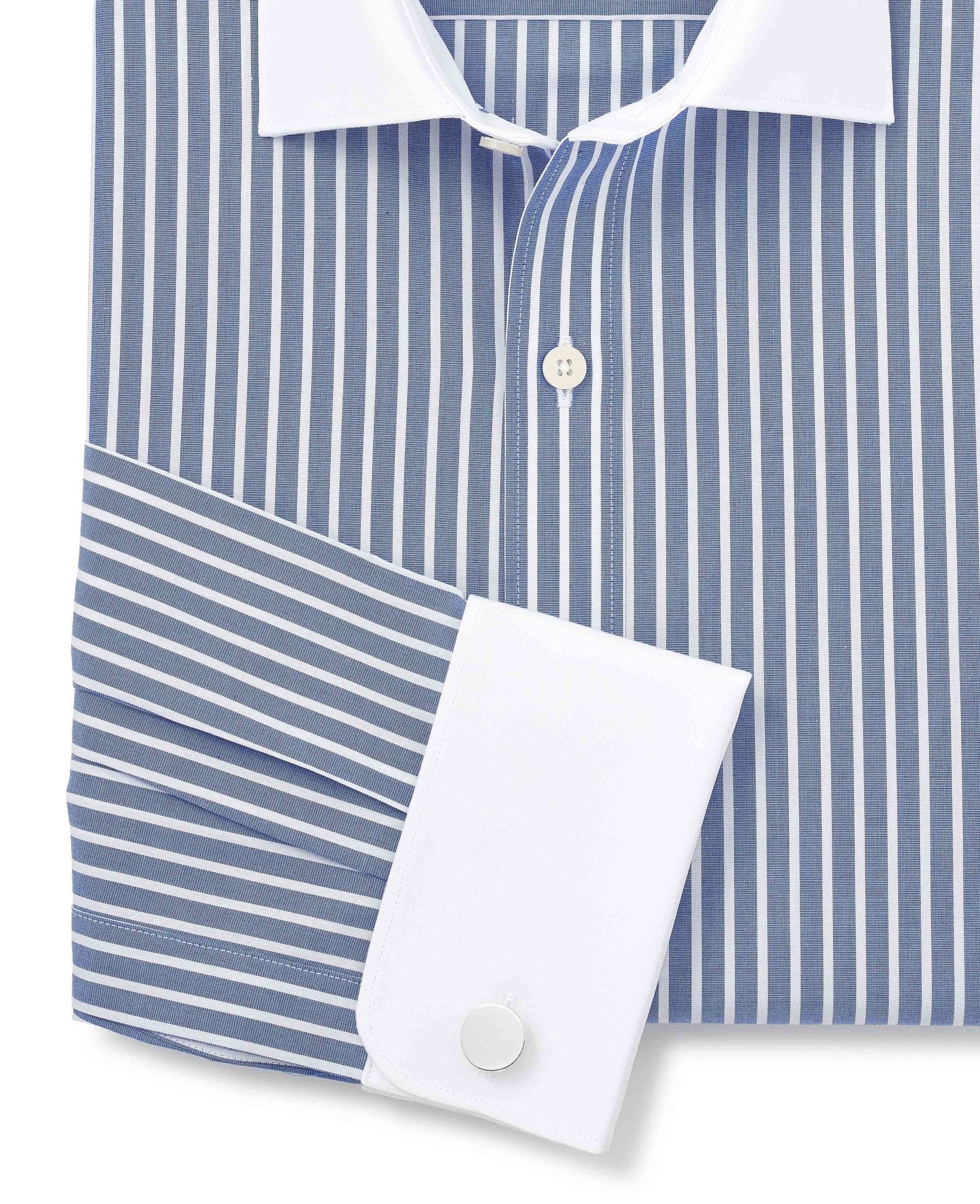 Blue White Cotton Striped Slim Fit Winchester Formal Shirt - Double Cuff - Image 6