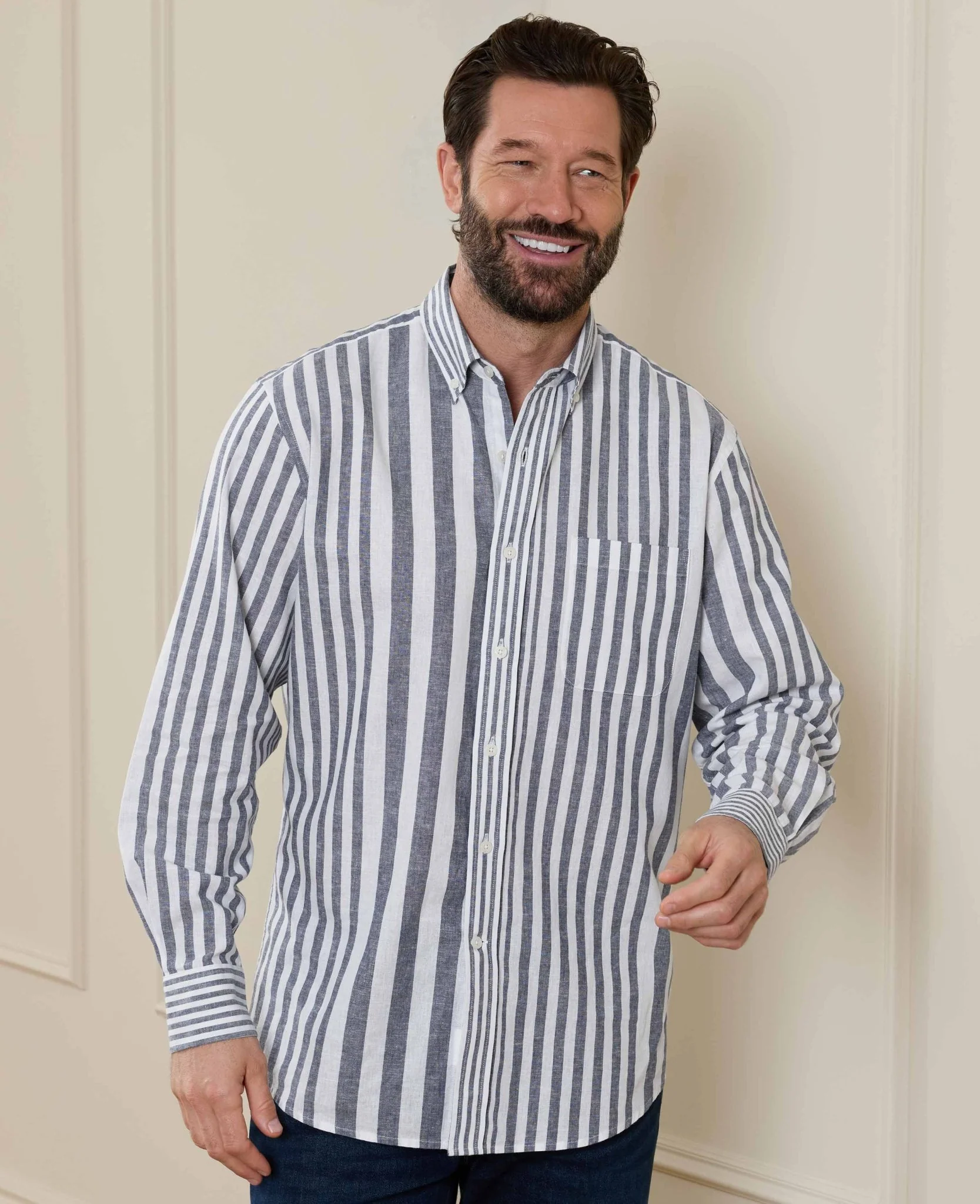 Blue White Linen Cotton Random Stripe Classic Fit Button-Down Casual Shirt - Image 3