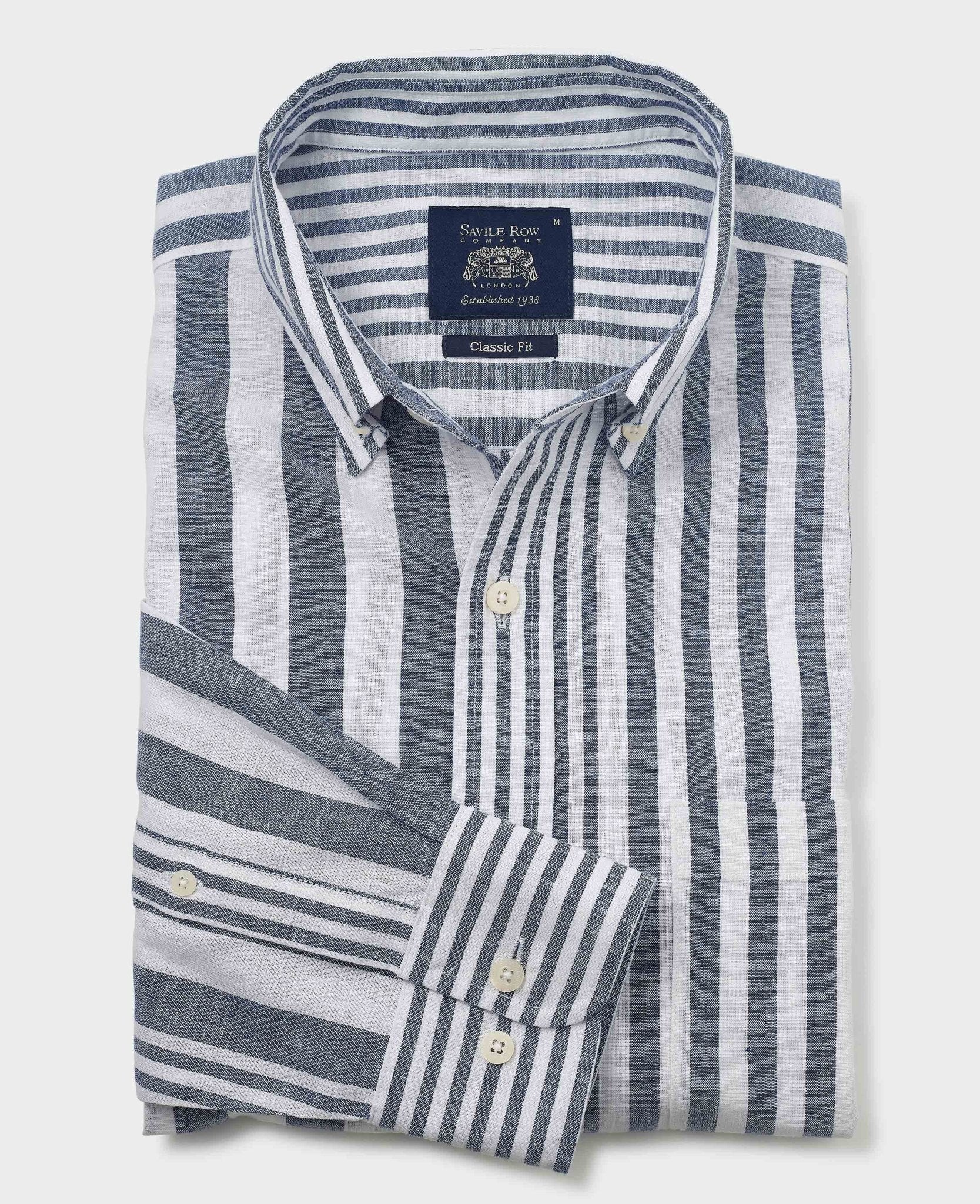 Blue White Linen Cotton Random Stripe Classic Fit Button-Down Casual Shirt - Image 4