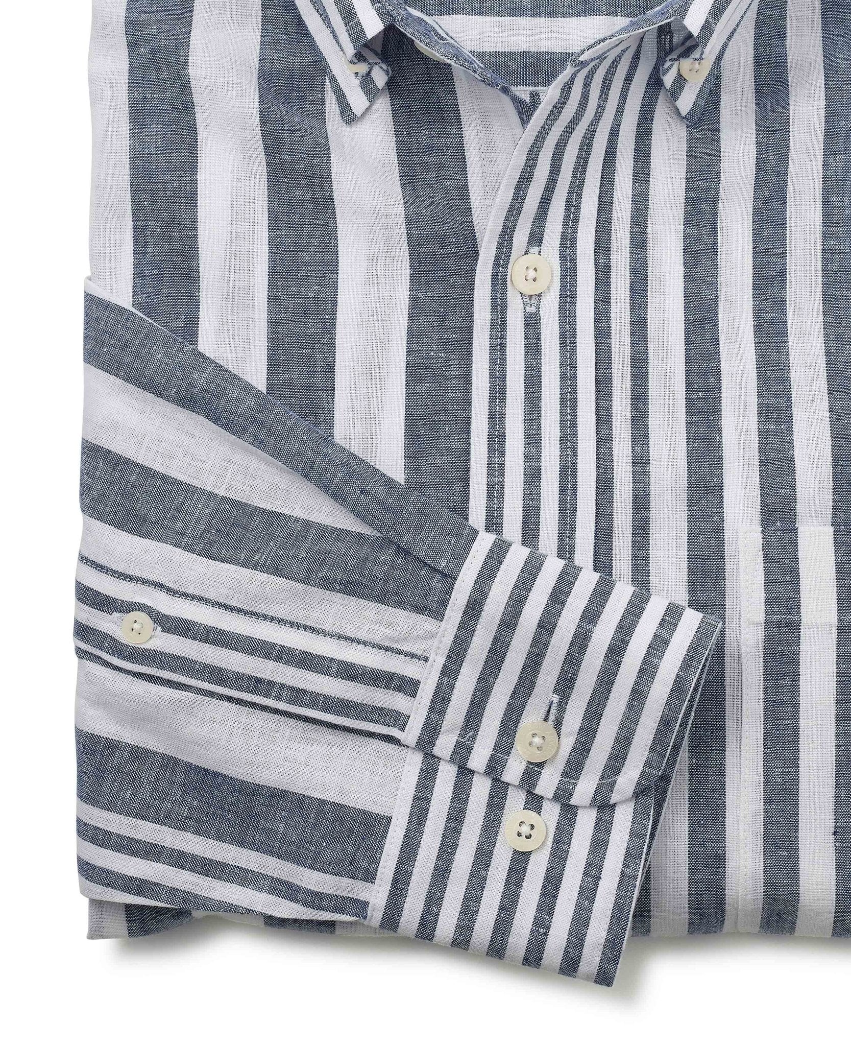Blue White Linen Cotton Random Stripe Classic Fit Button-Down Casual Shirt - Image 5