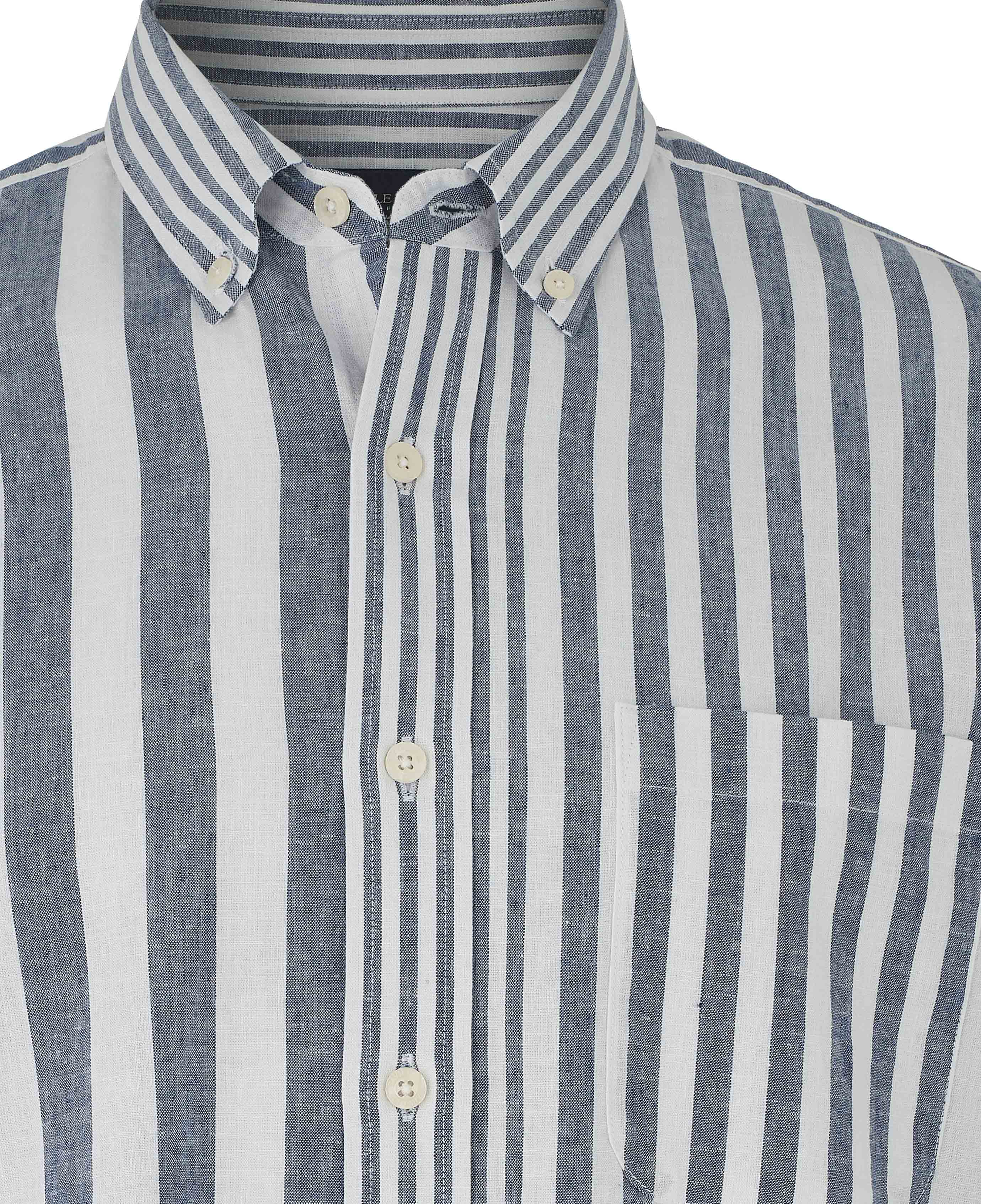 Blue White Linen Cotton Random Stripe Classic Fit Button-Down Casual Shirt - Image 6