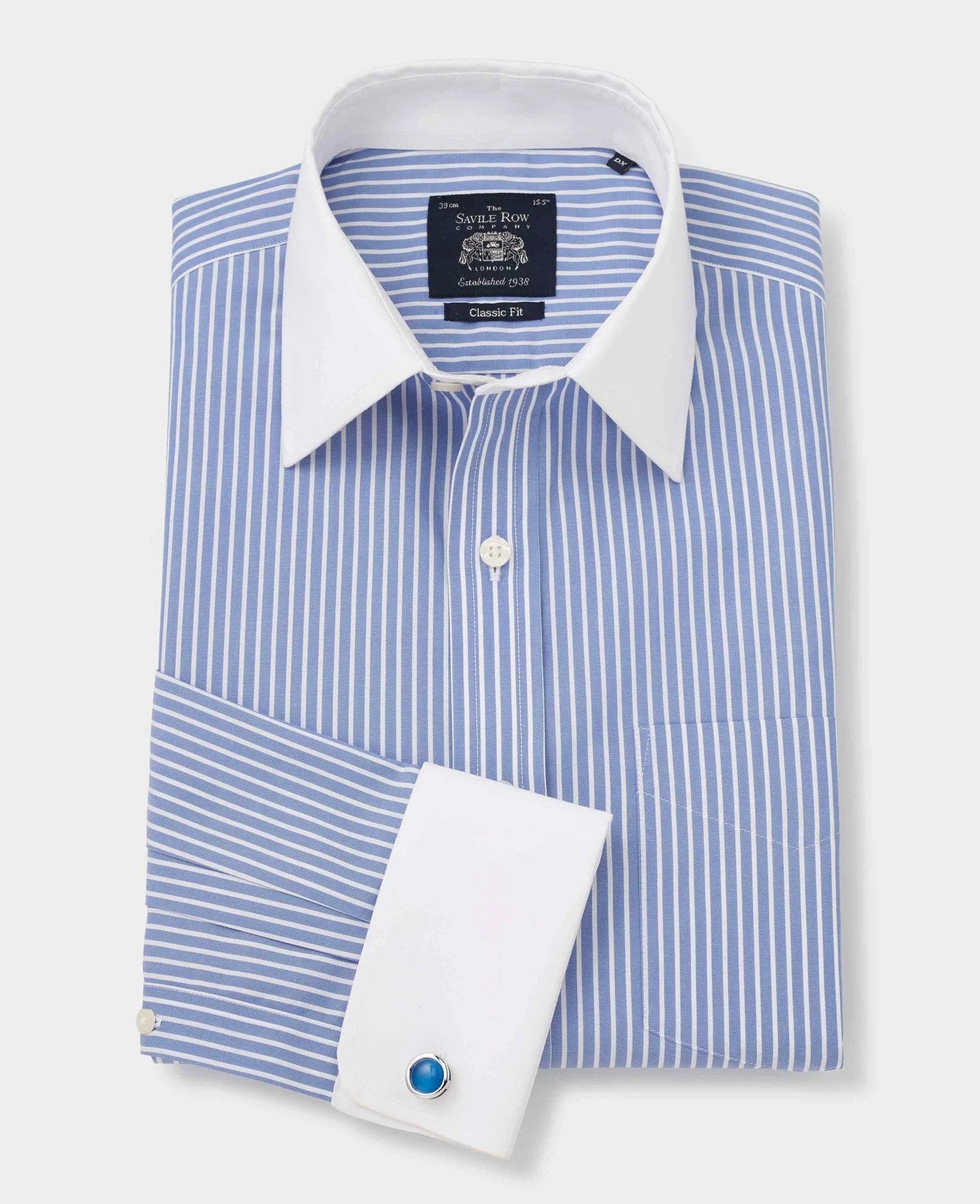 Blue White Stripe Classic Fit Non-Iron Formal Shirt With White Collar & Cuffs - Double Cuff - Image 3
