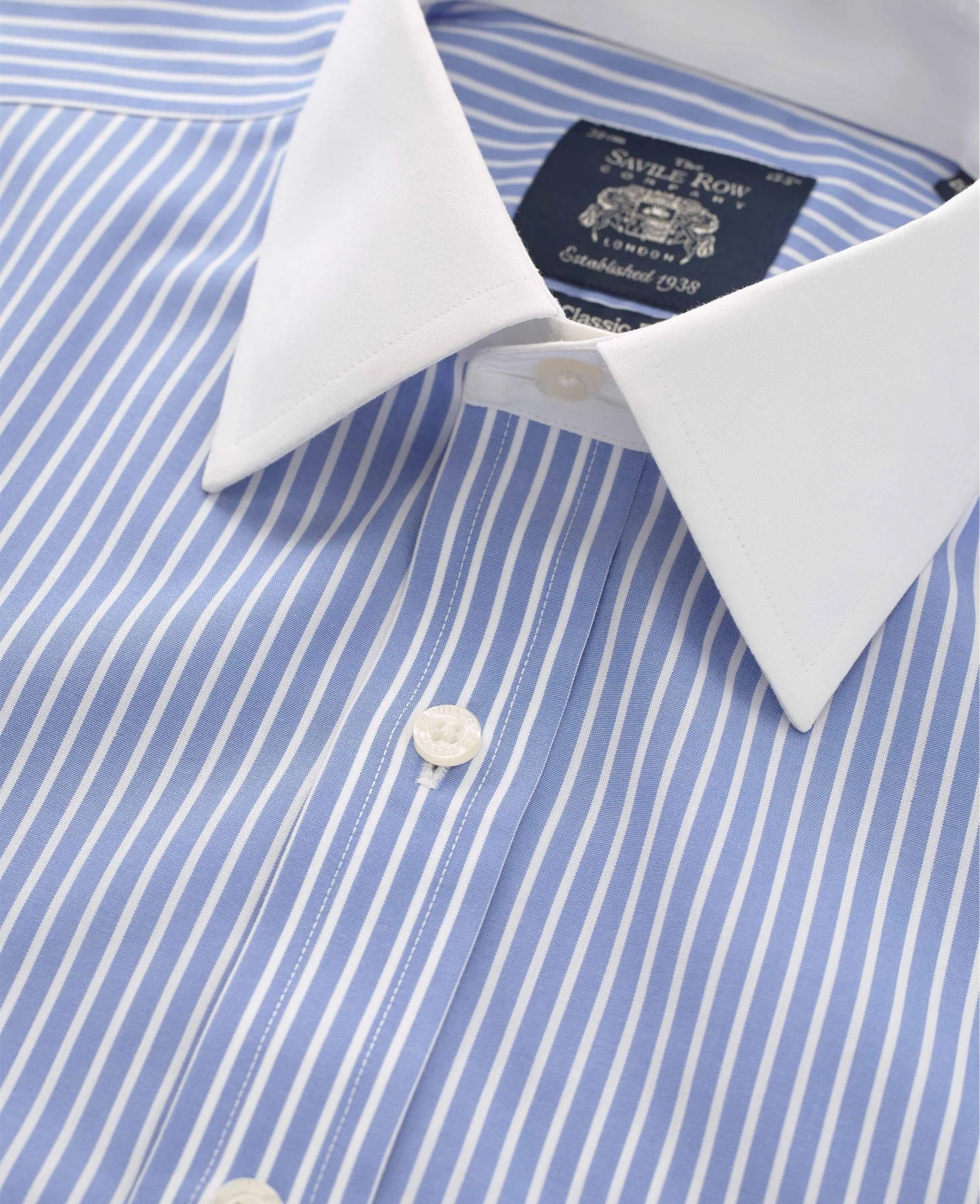 Blue White Stripe Classic Fit Non-Iron Formal Shirt With White Collar & Cuffs - Double Cuff - Image 7