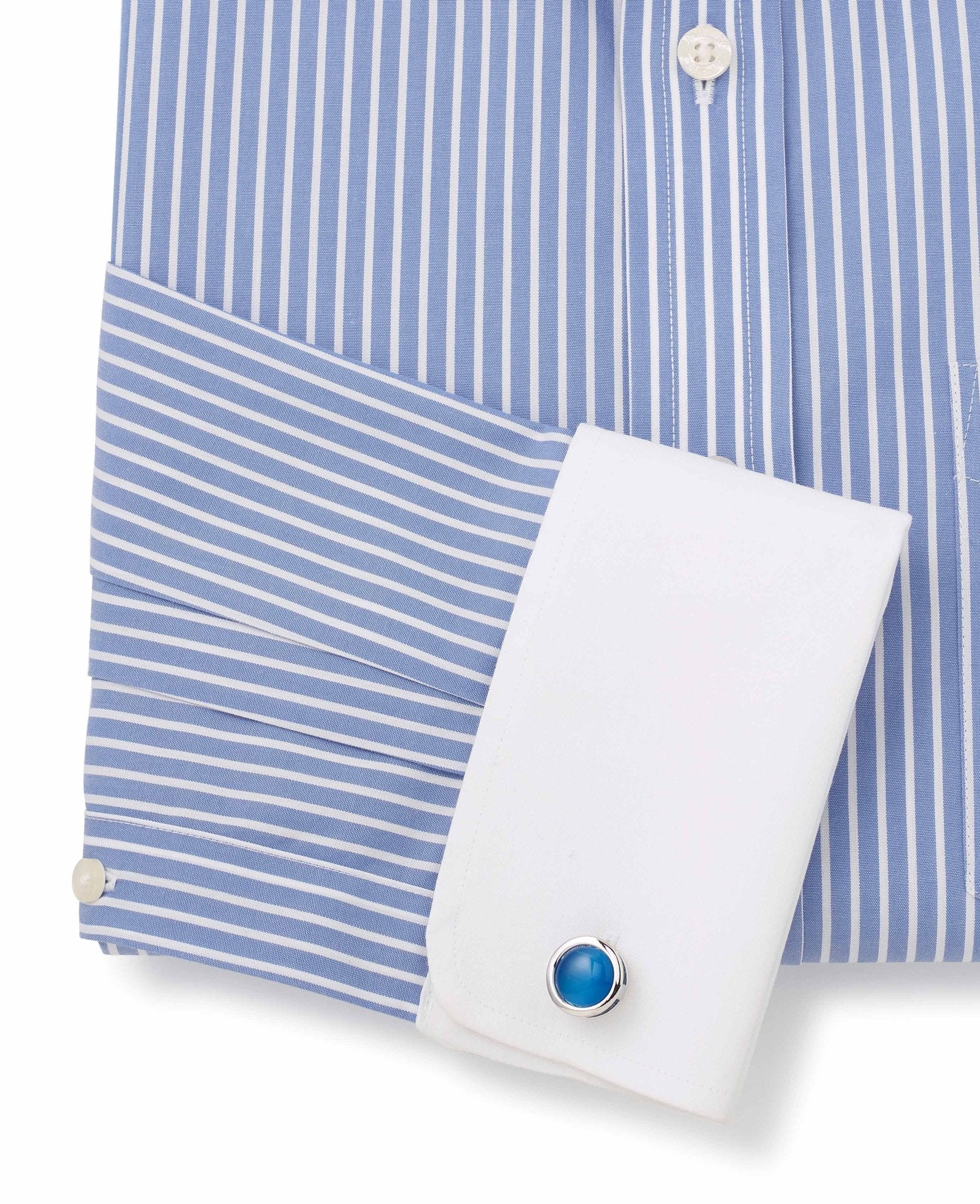 Blue White Stripe Classic Fit Non-Iron Formal Shirt With White Collar & Cuffs - Double Cuff - Image 8