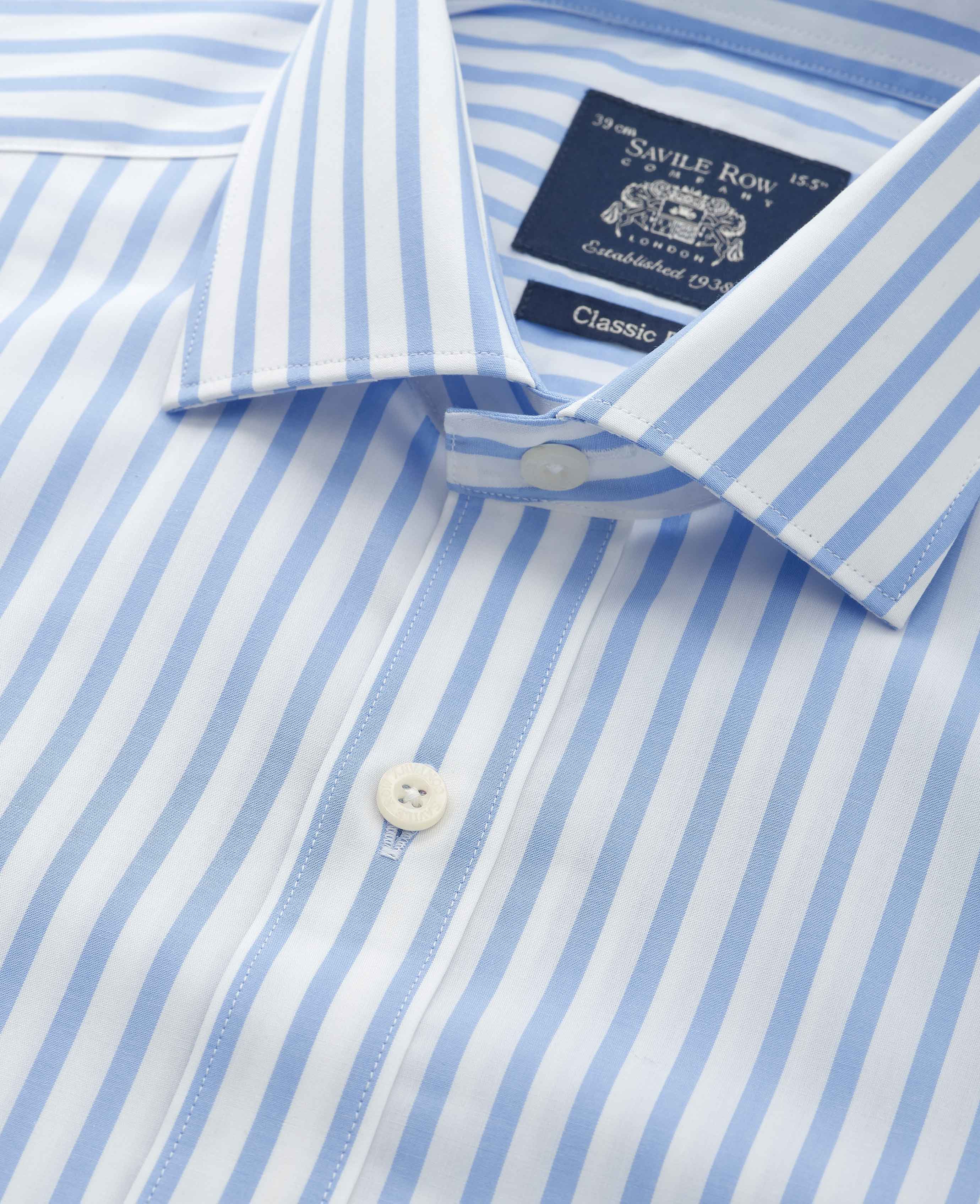 Blue White Stripe Cotton Poplin Classic Fit Formal Shirt - Single Cuff - Image 3