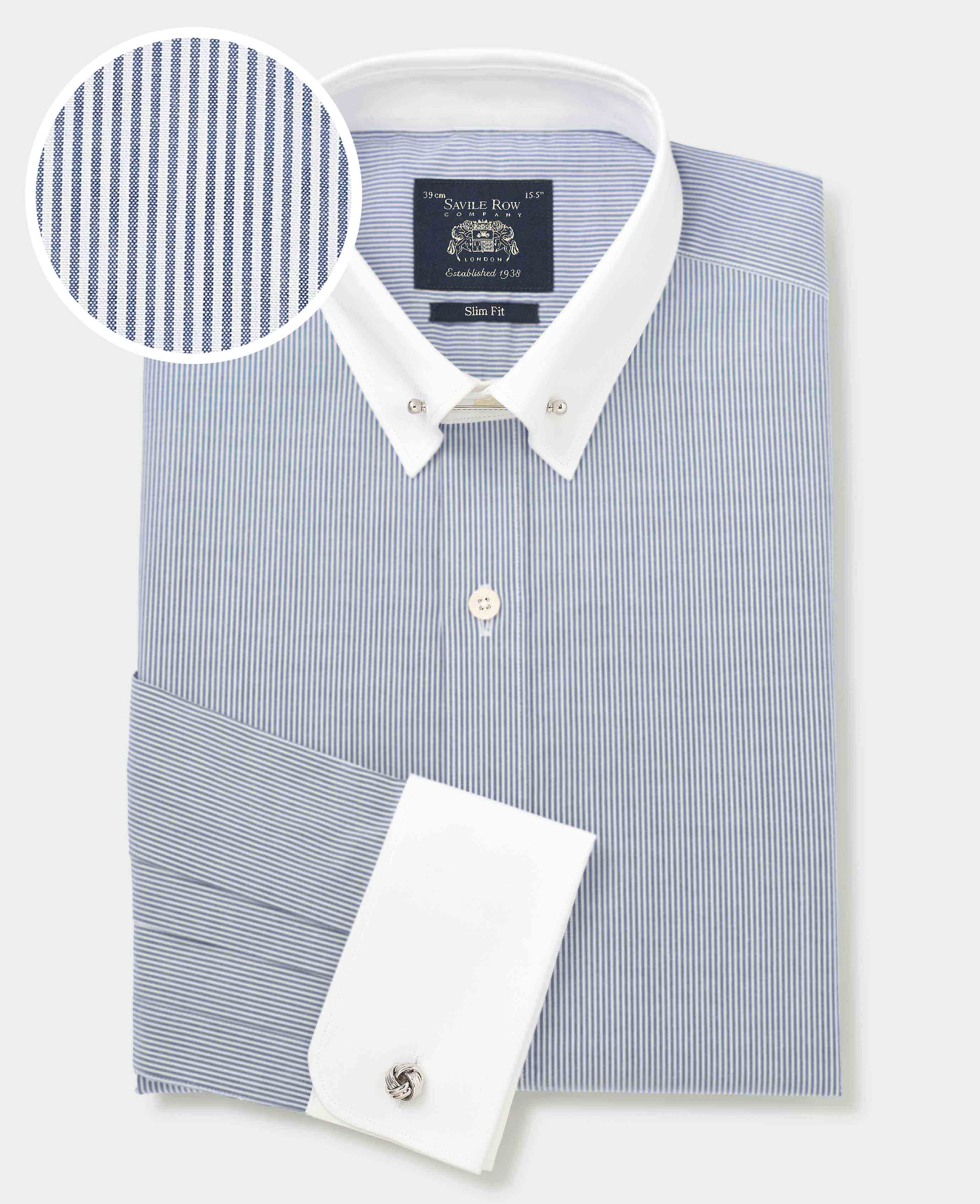 Blue White Stripe Poplin Slim Fit Pin Collar Winchester Formal Shirt - Double Cuff