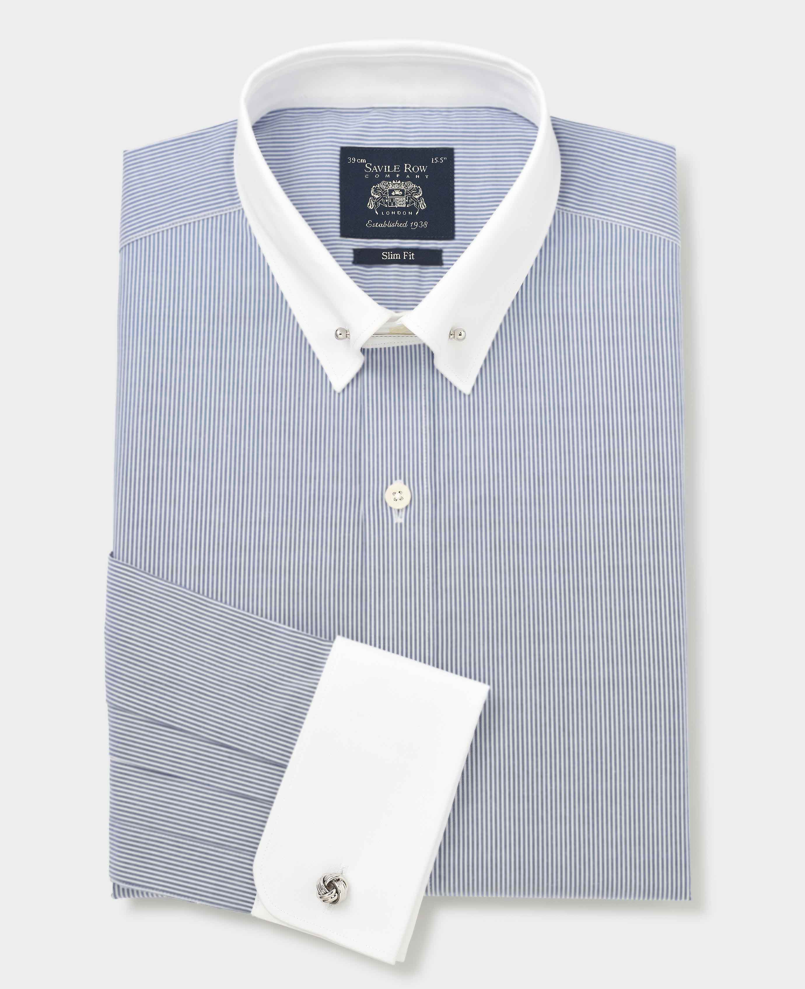Blue White Stripe Poplin Slim Fit Pin Collar Winchester Formal Shirt - Double Cuff - Image 3