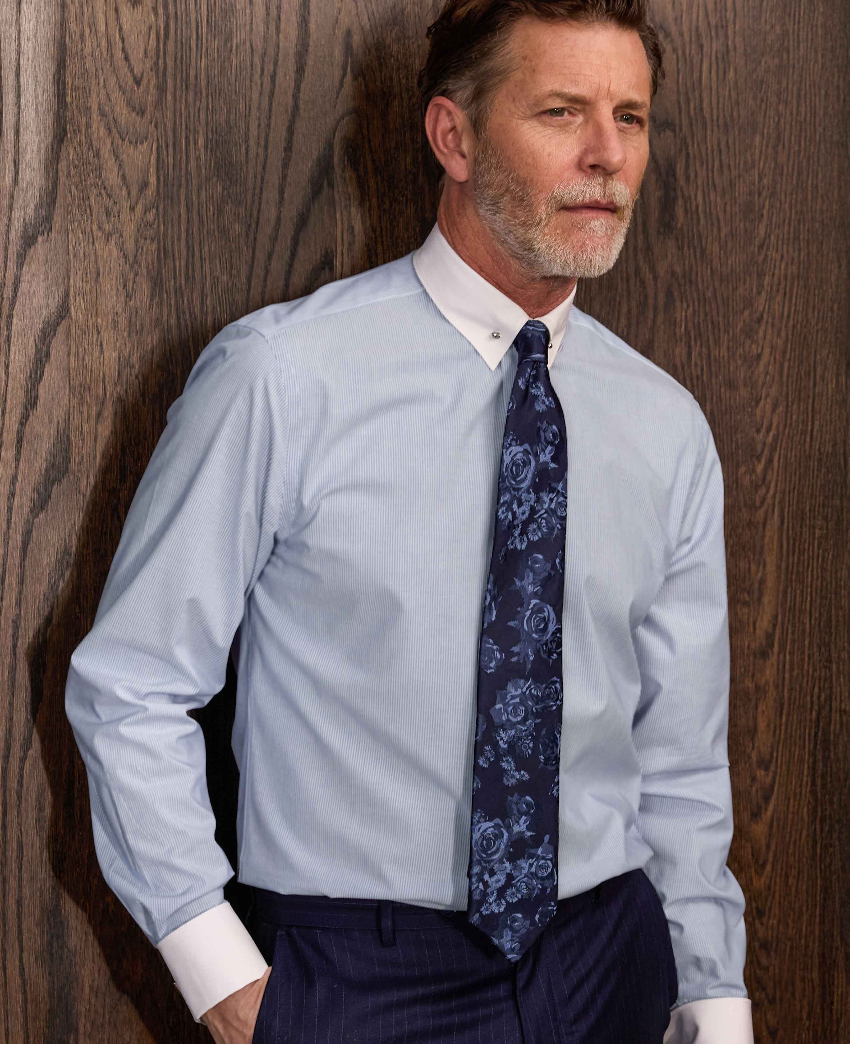 Blue White Stripe Poplin Slim Fit Pin Collar Winchester Formal Shirt - Double Cuff - Image 5